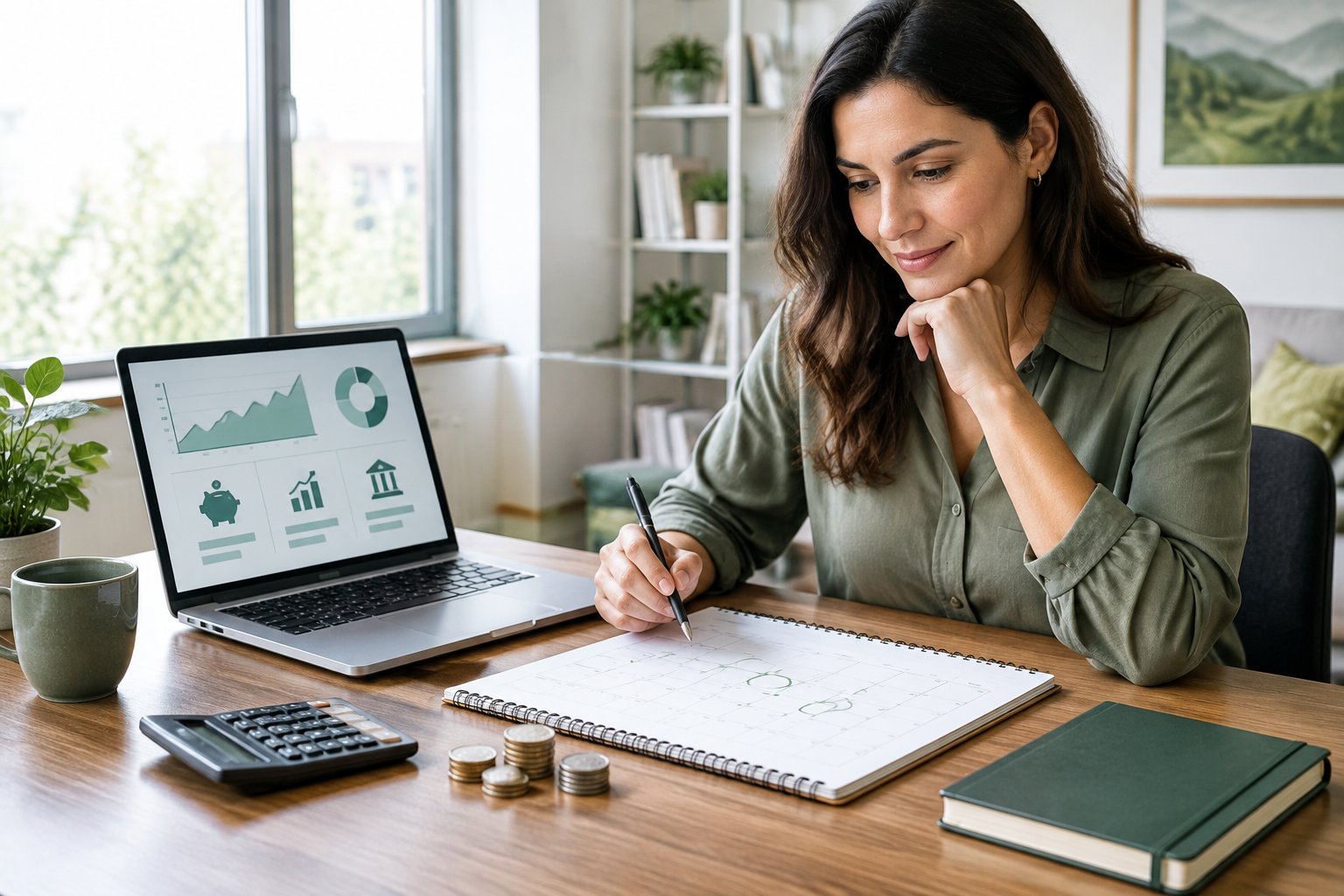 A person reviews a calendar and financial dashboard at a desk with a calculator and coins.