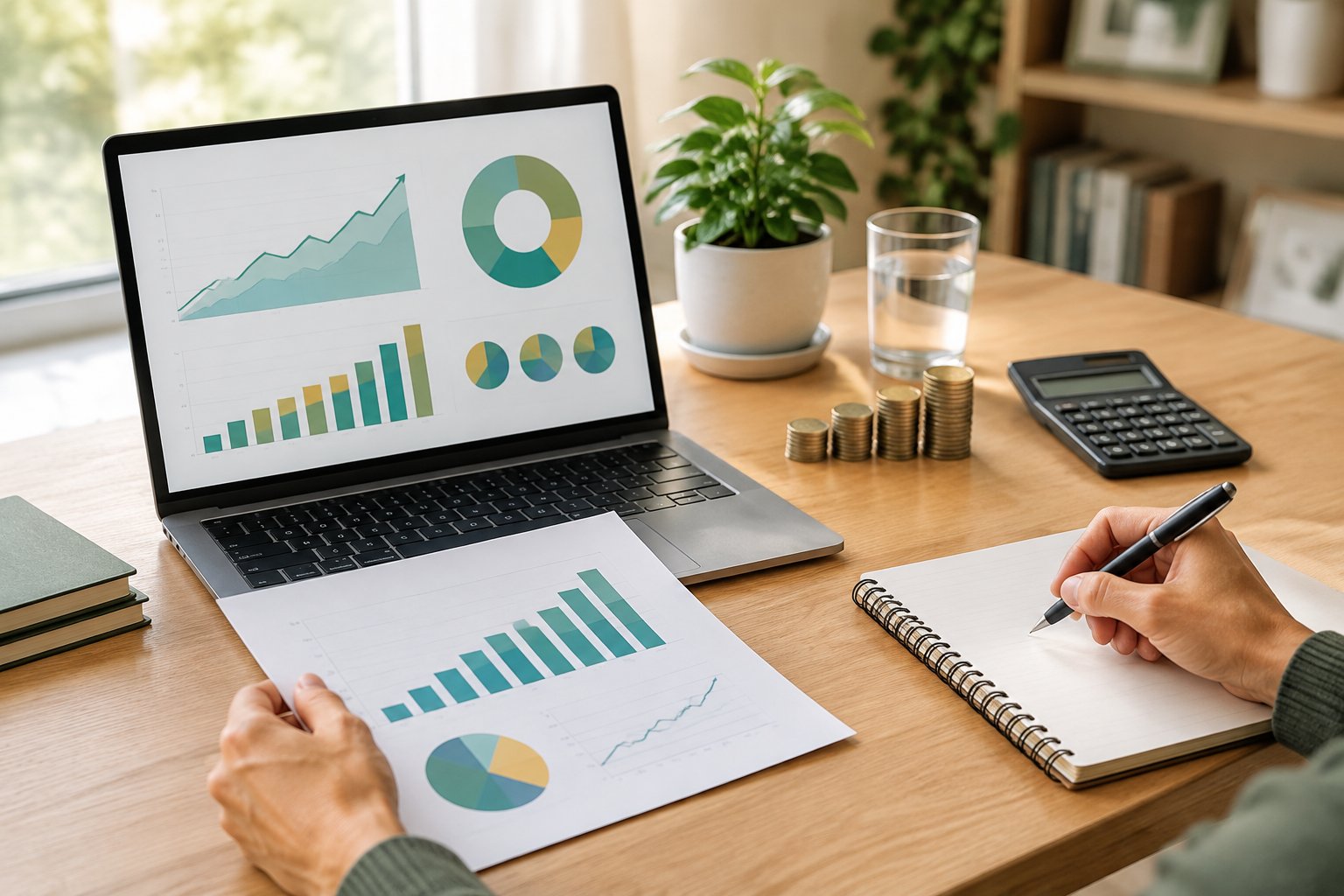 A person reviews a financial chart at a desk beside a laptop, coins, and a potted plant.