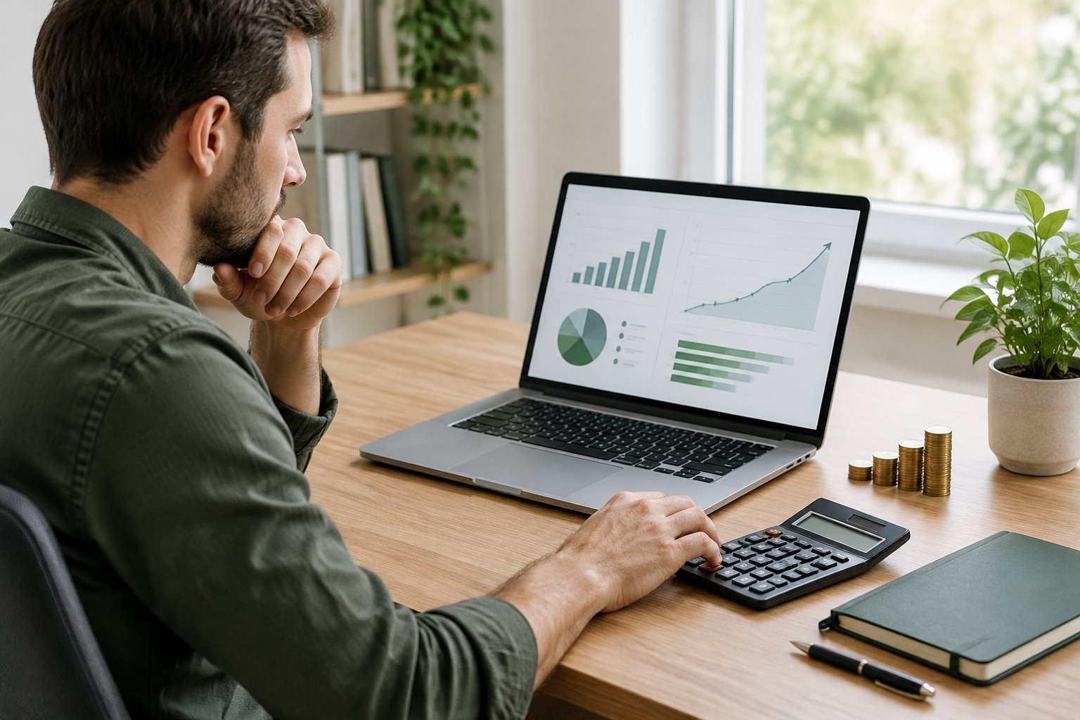 An investor reviews financial charts and calculates an income goal at a desk.