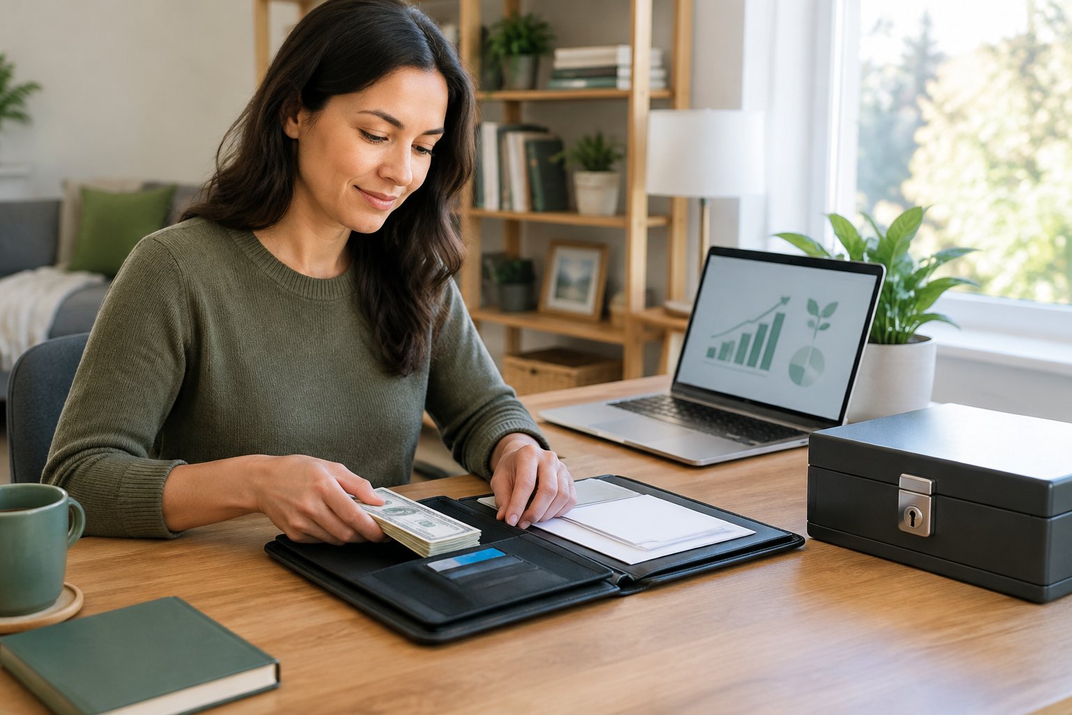 An adult organizes cash and financial documents at a home office desk beside a lockbox and laptop.