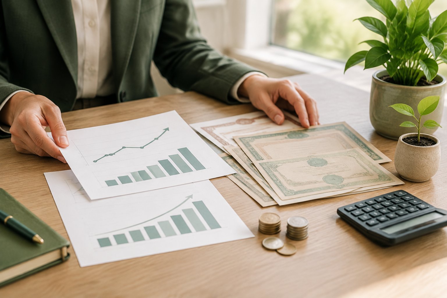 Hands arrange investment papers, coins, a calculator, and two green plants on a desk.