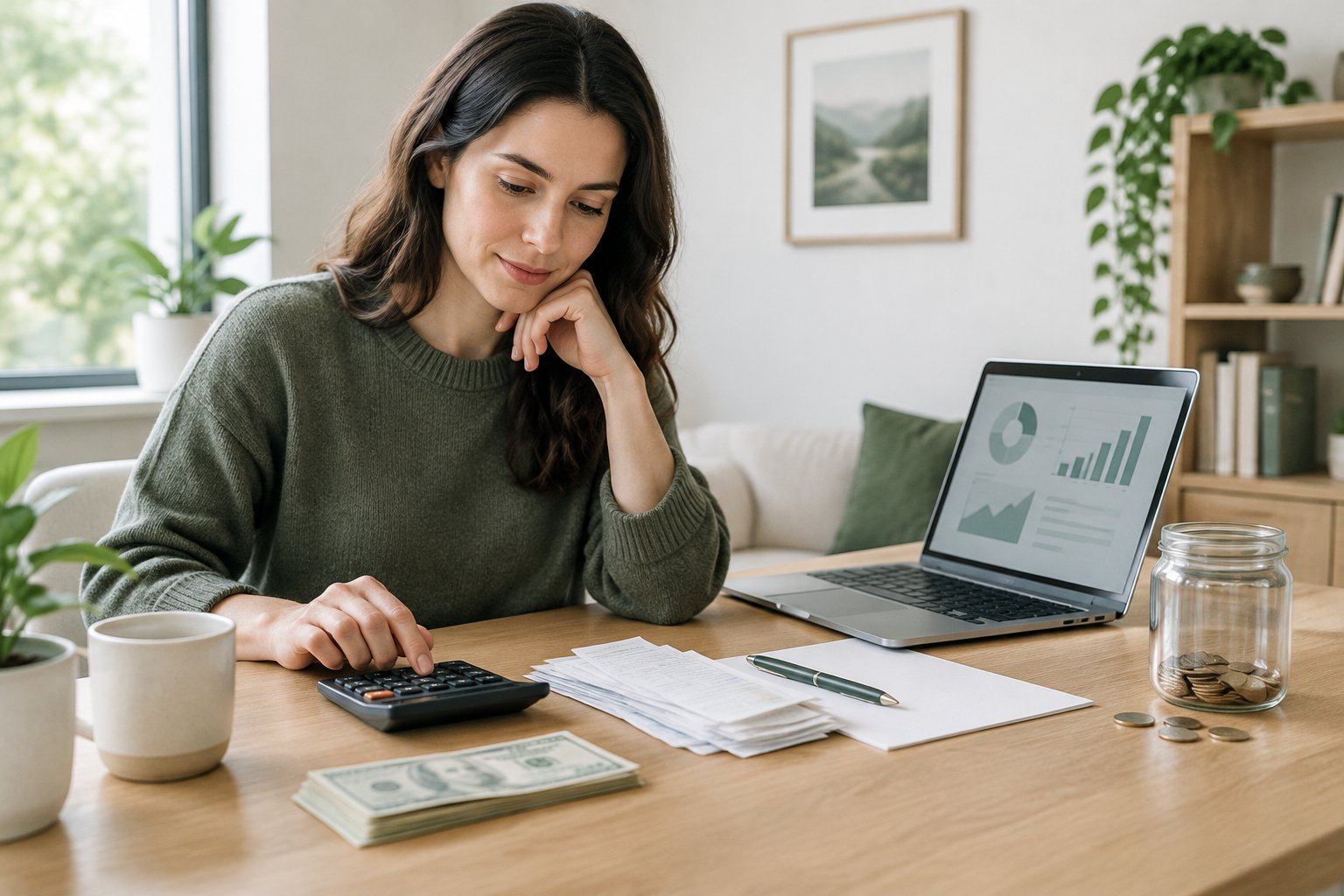 A person reviews household finances at a desk with a calculator, bills, and a savings jar.