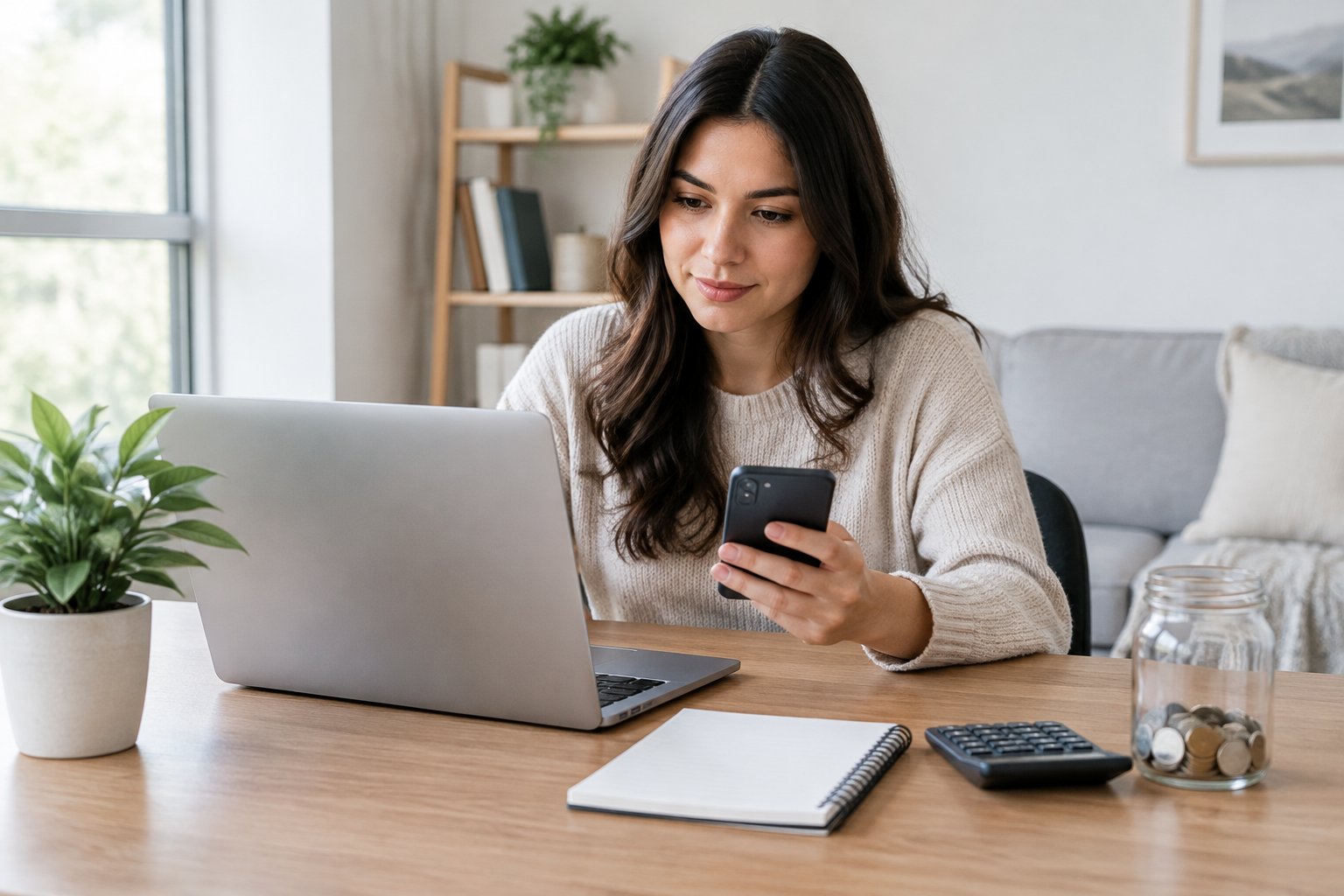 A person works on a laptop at a home-office desk with a smartphone, notebook, calculator, plant, and jar of coins.