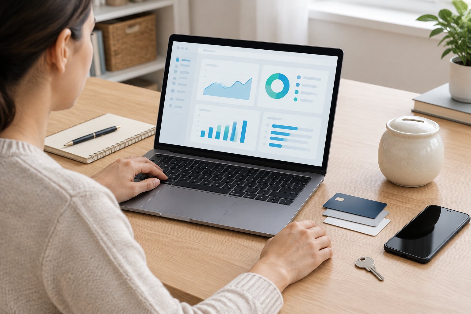 A person reviews a generic banking dashboard at a tidy home workspace.