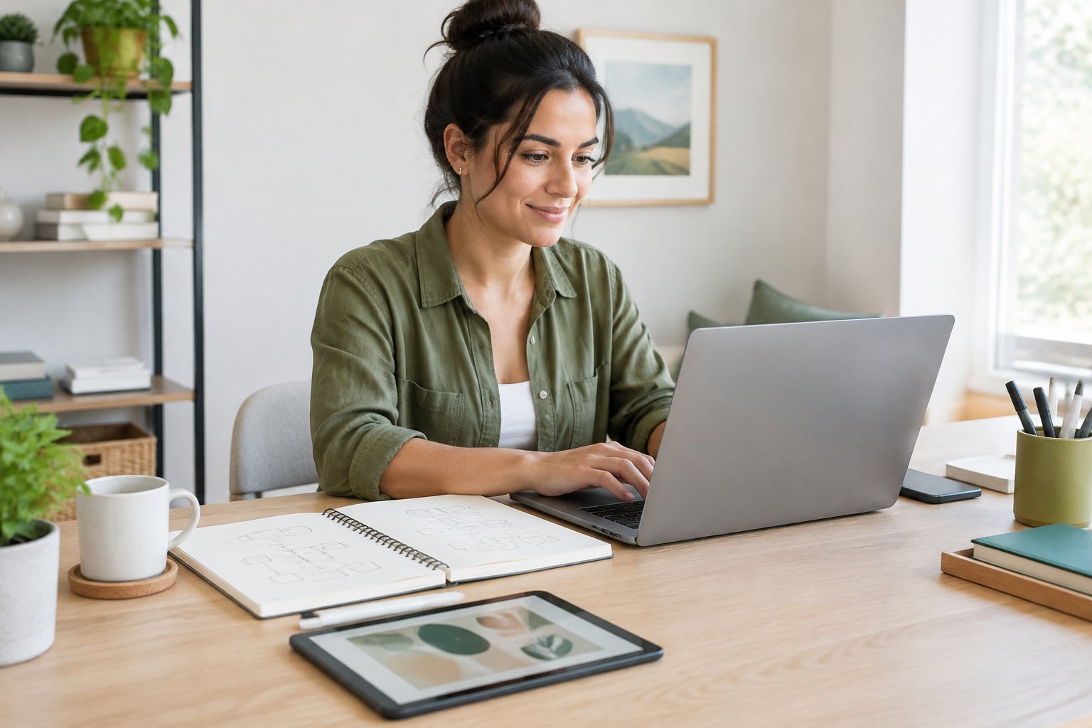 A freelancer uses a laptop at a home office desk.