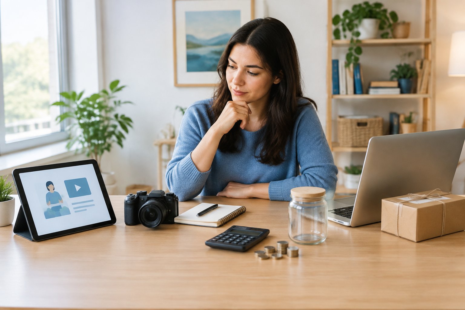 An entrepreneur compares a tablet, camera, and ecommerce parcel at a home-office desk.