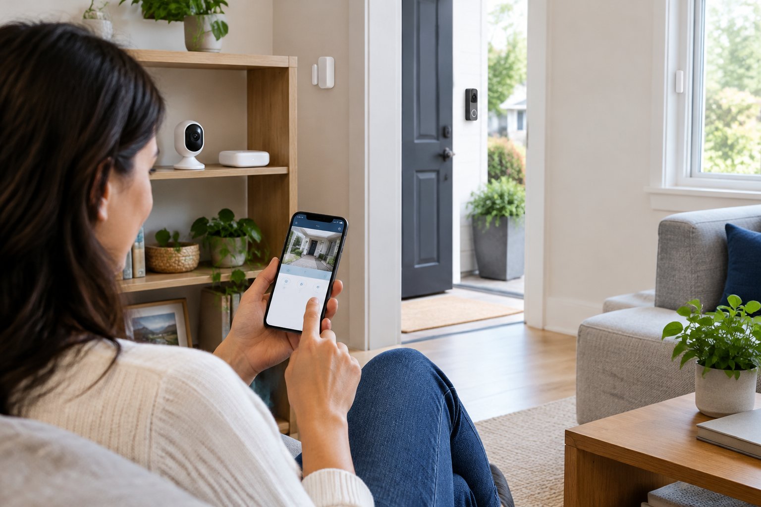 A homeowner checks a smartphone beside smart security devices in a living room.