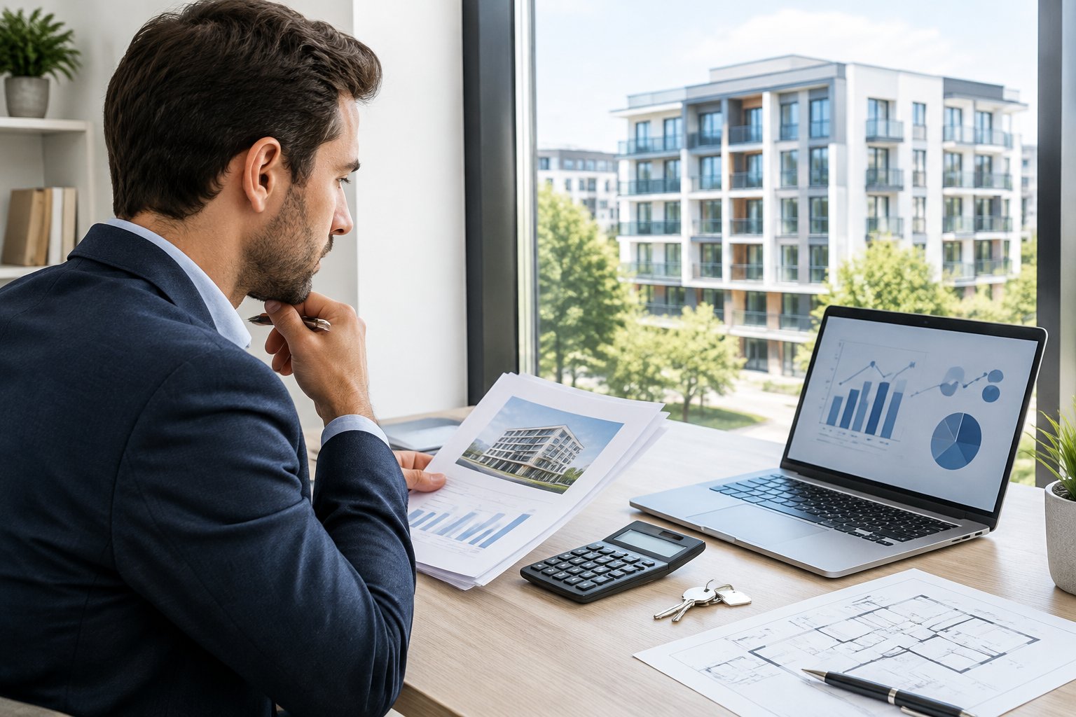 A real estate investor reviews property documents and uses a calculator beside a view of an apartment building.