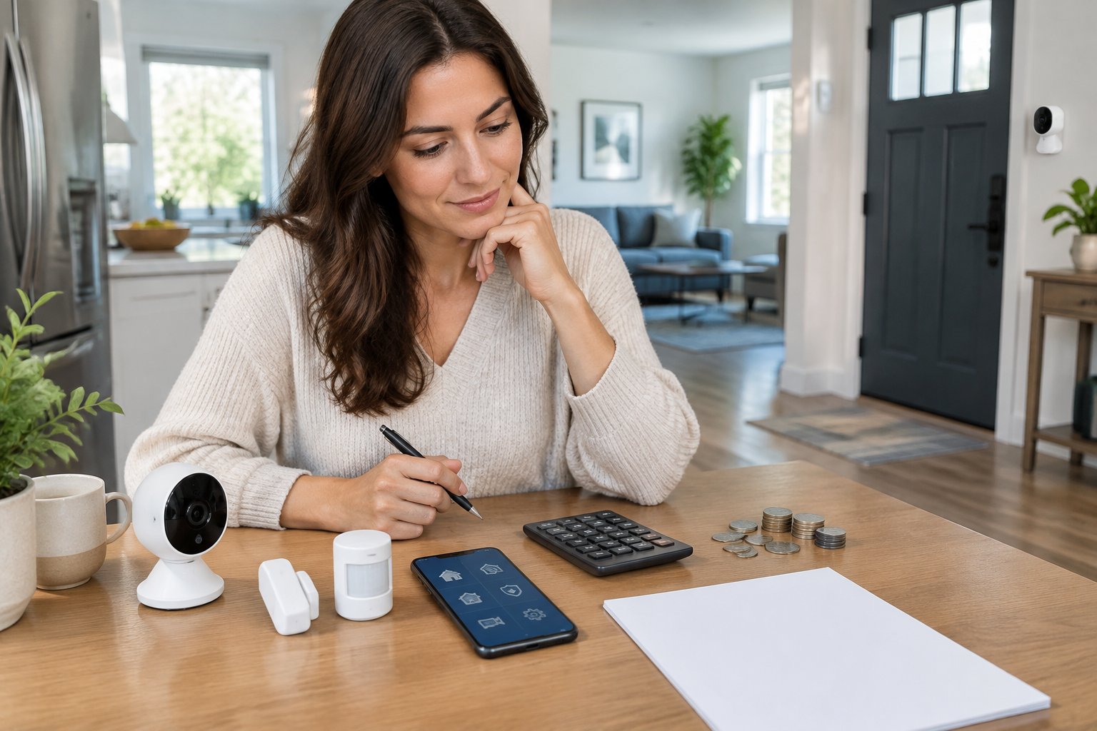 A homeowner plans security equipment costs beside smart home devices.