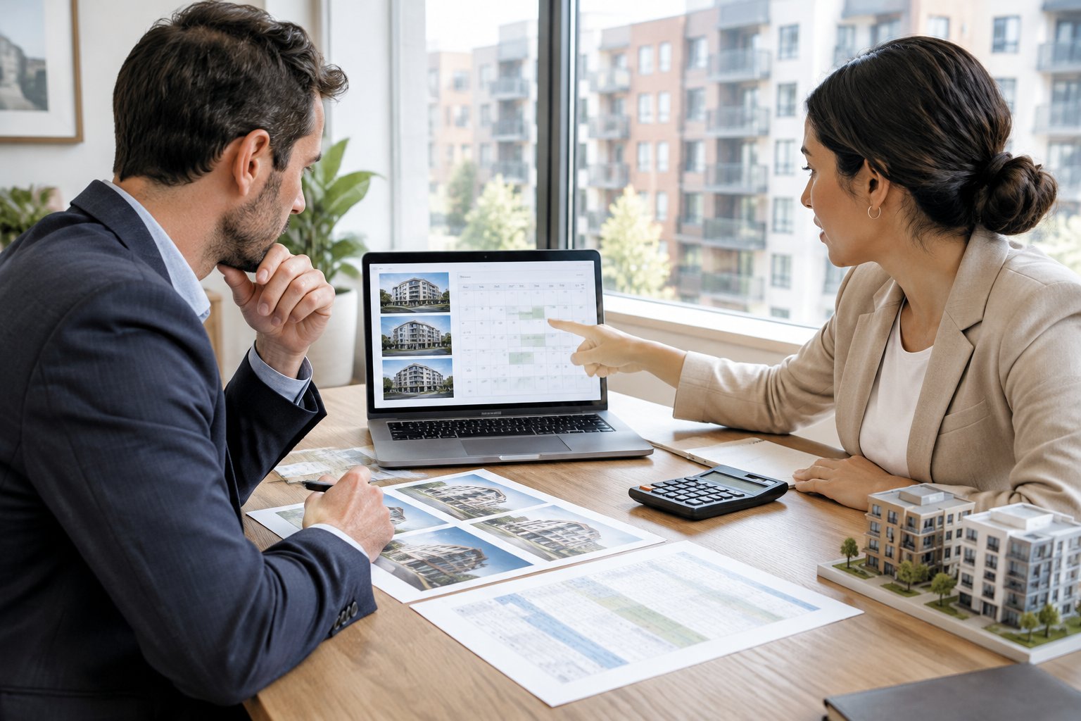 A real estate investor and property manager review rental listings and vacancy information at a desk.