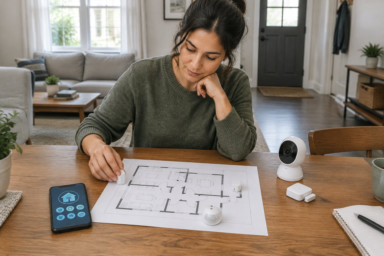 A homeowner reviews a floor plan and security devices at a table.
