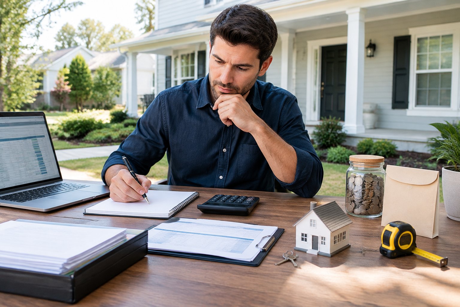 A real estate investor reviews rental property expenses and sets aside money for reserves.