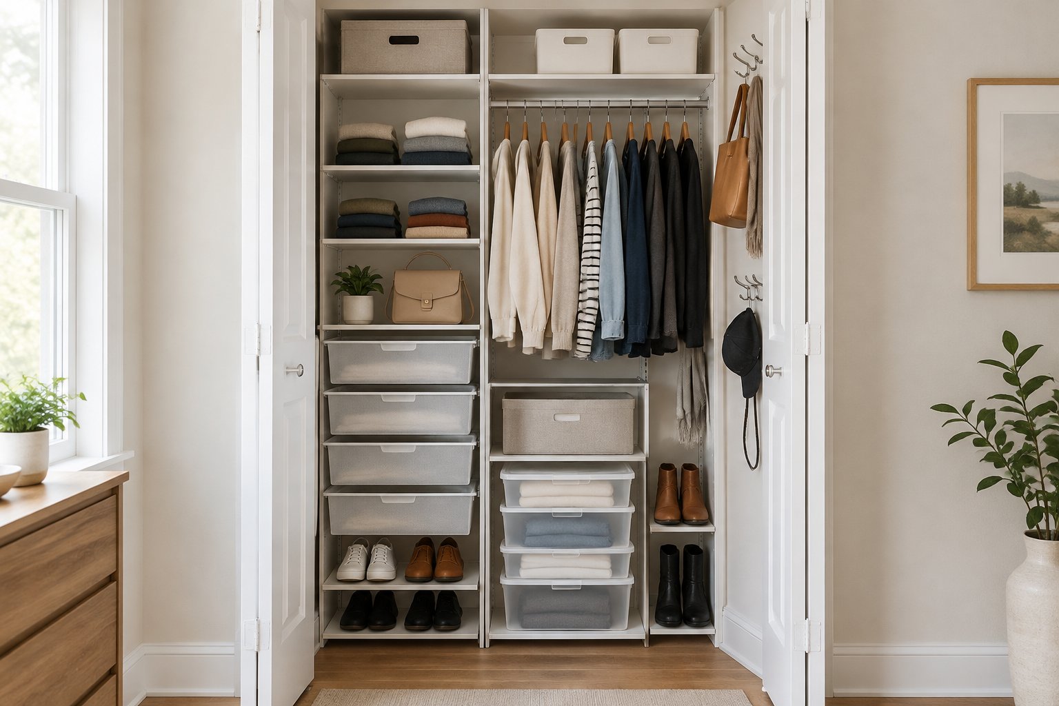 A small closet organized with shelves, drawers, bins, hanging clothes, and neatly arranged shoes.