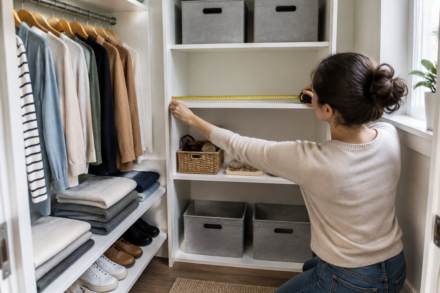 A person measures a small closet while clothes, shoes, and accessories are sorted nearby.