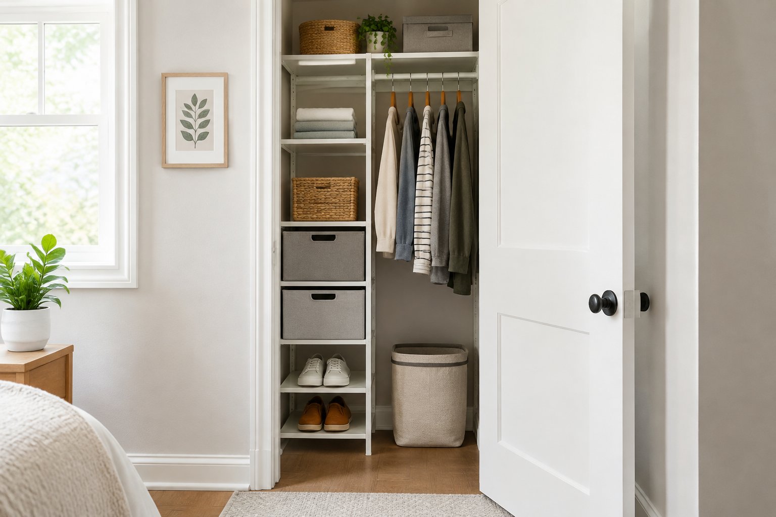 A small closet fitted with shelves, drawers, baskets, and hanging clothes.