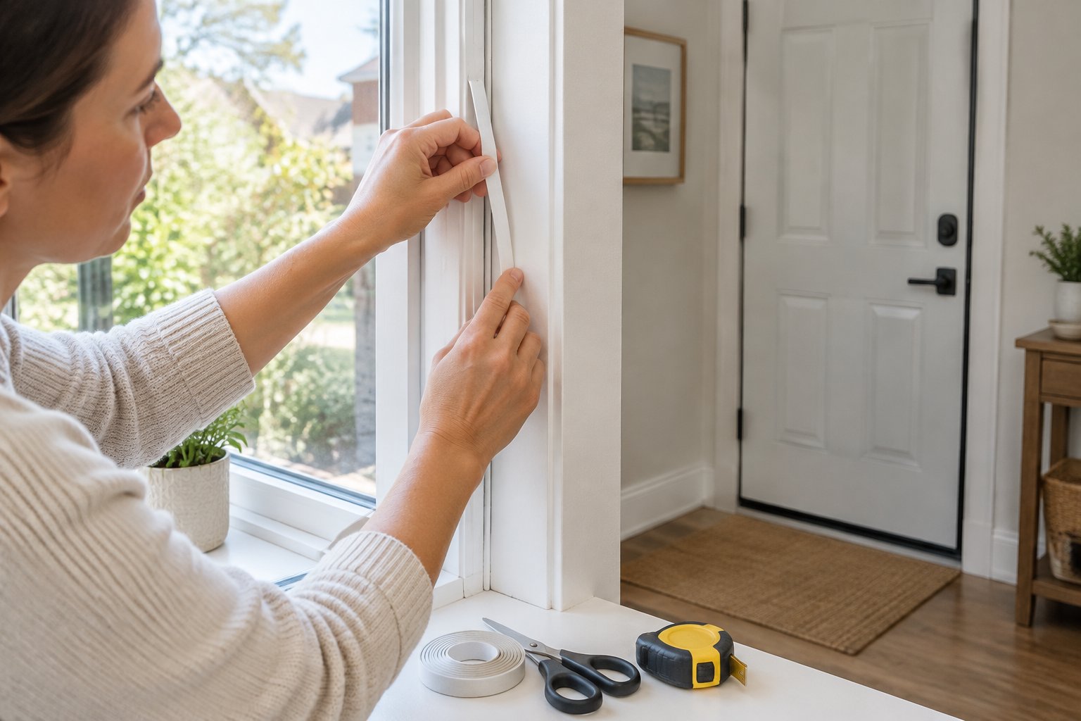A homeowner presses weather-stripping onto a window frame.