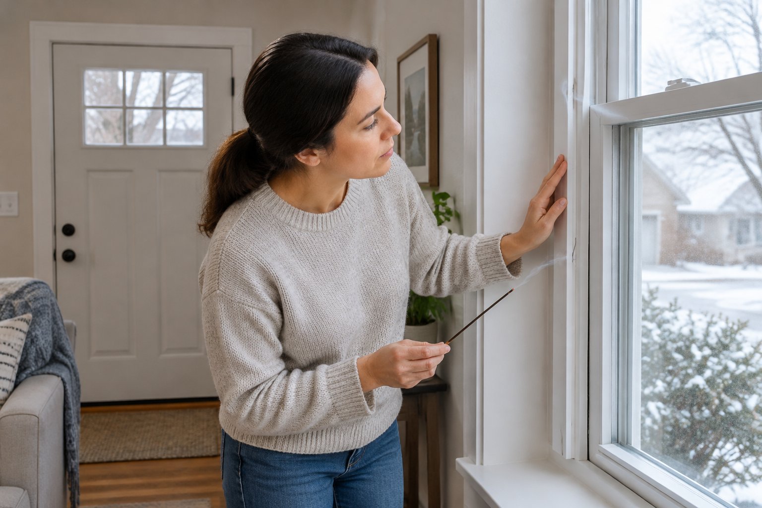 A homeowner checks a window frame for an air leak with a smoking incense stick.