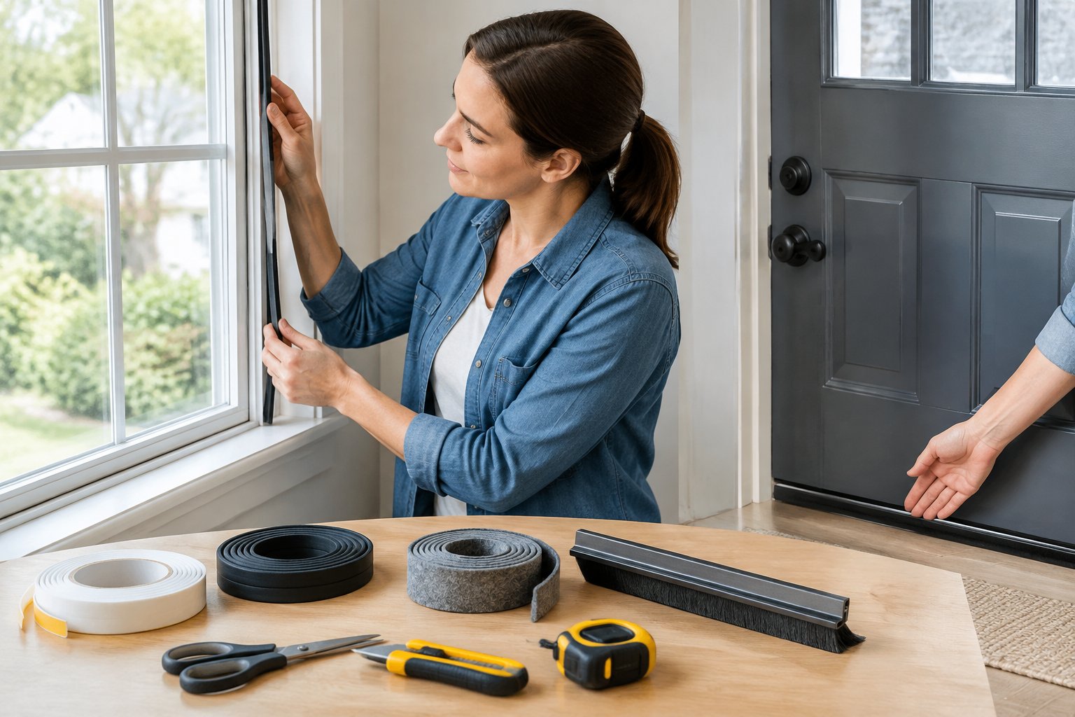 A homeowner compares weatherstripping materials beside a window and door.