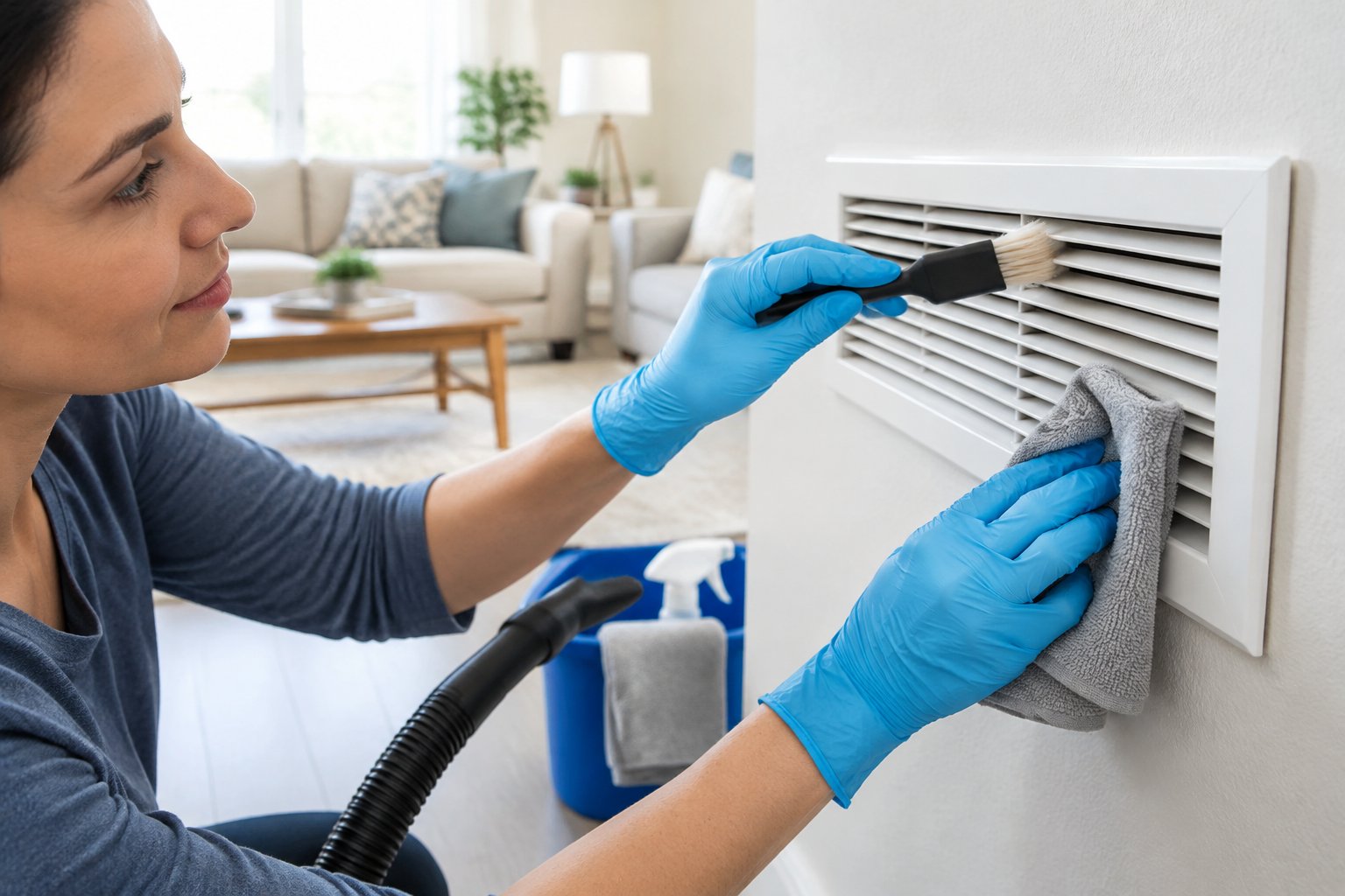 A person cleans a wall air vent with a brush and cloth.