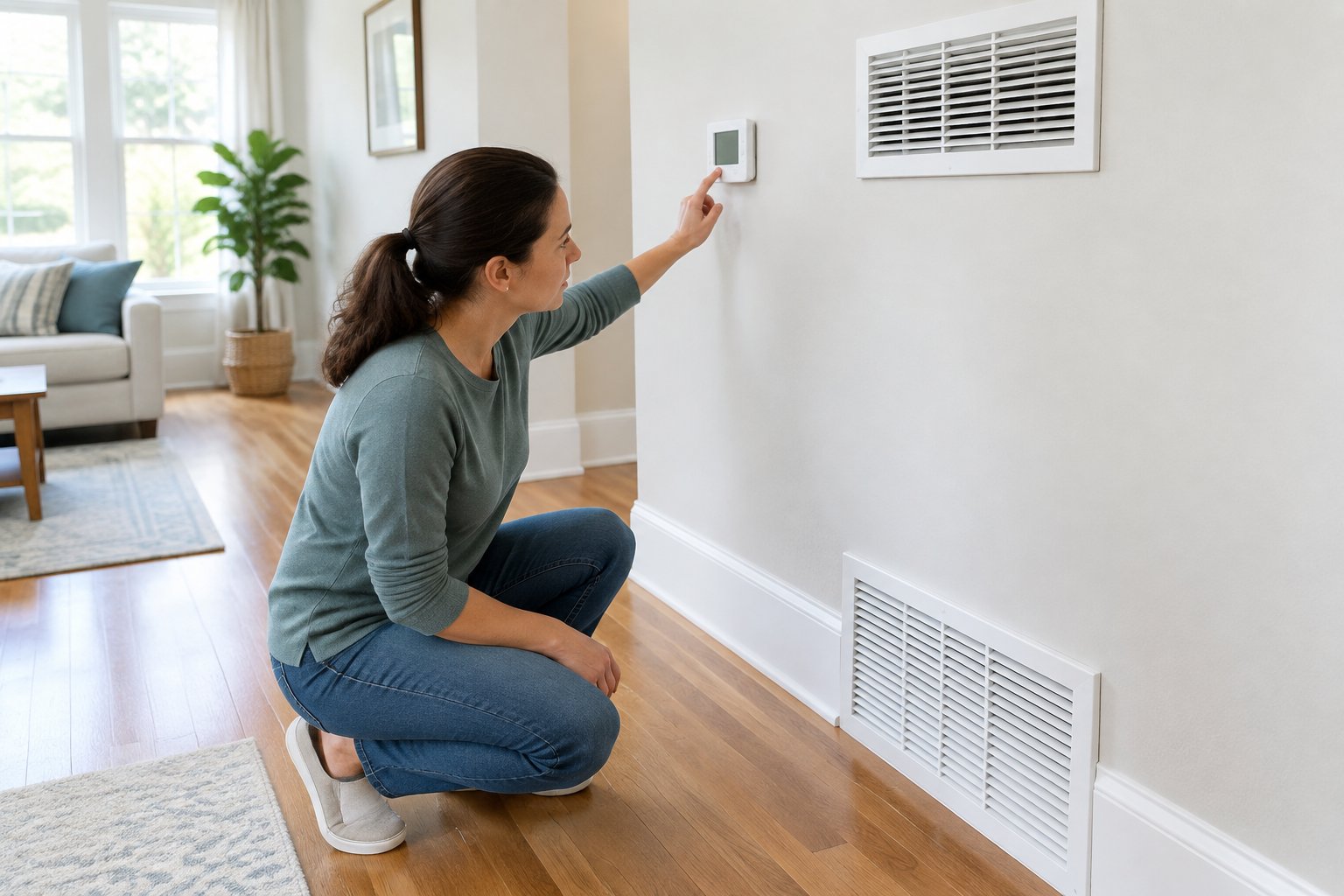 A homeowner turns off the HVAC system at a thermostat and checks a nearby air vent.