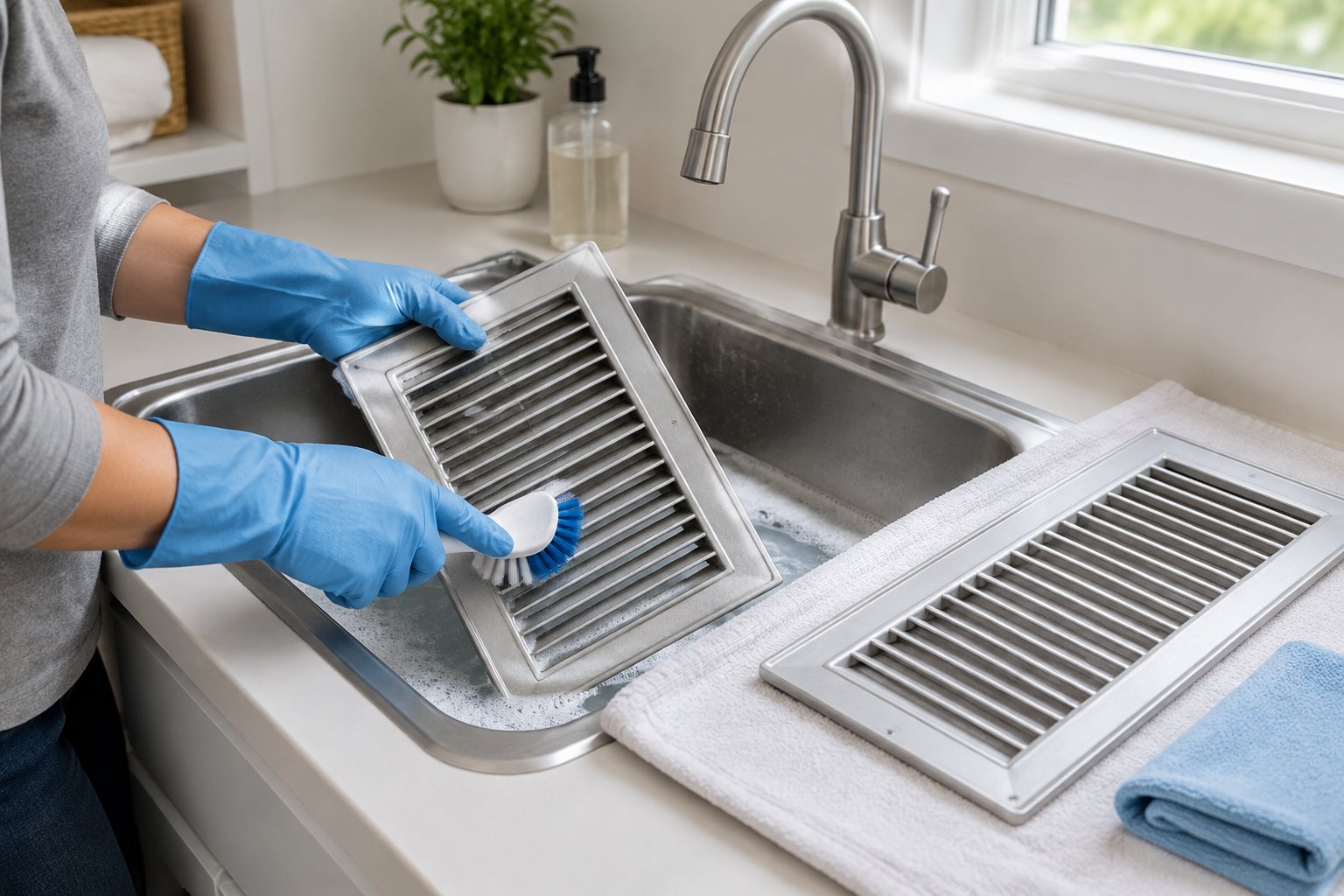 A person washes a detached HVAC vent cover in a sink while another dries on a towel.