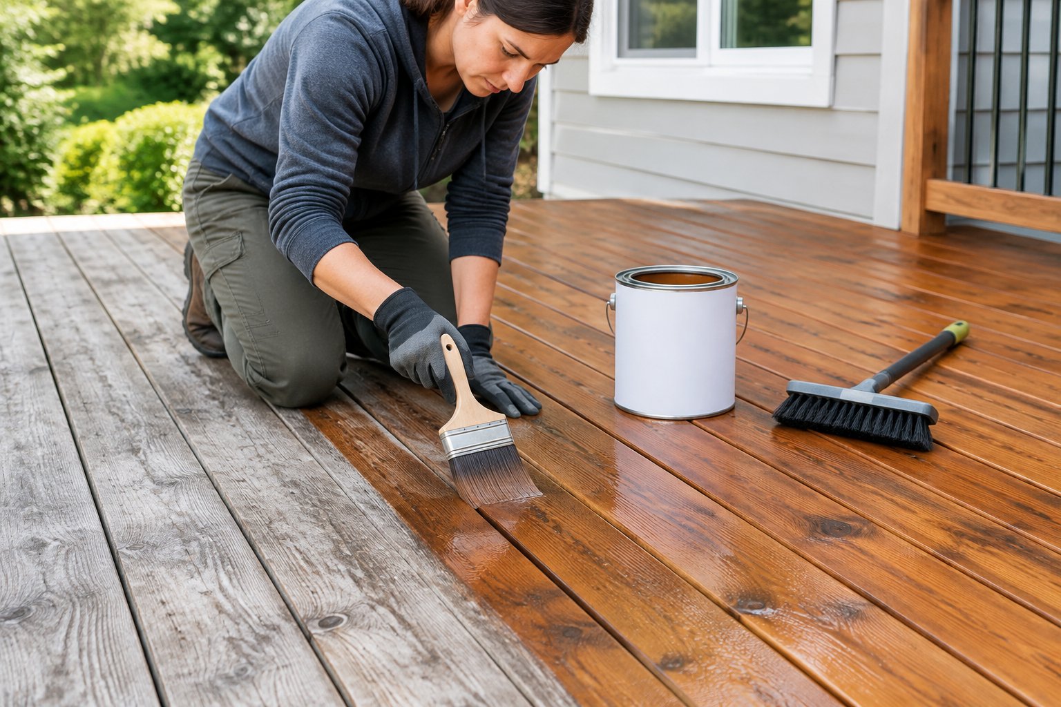 A person applies sealer to a wooden deck beside weathered boards.