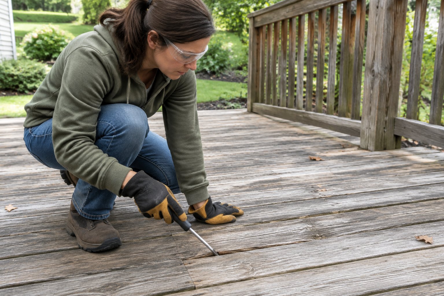 A homeowner checks a weathered wooden deck for damage.