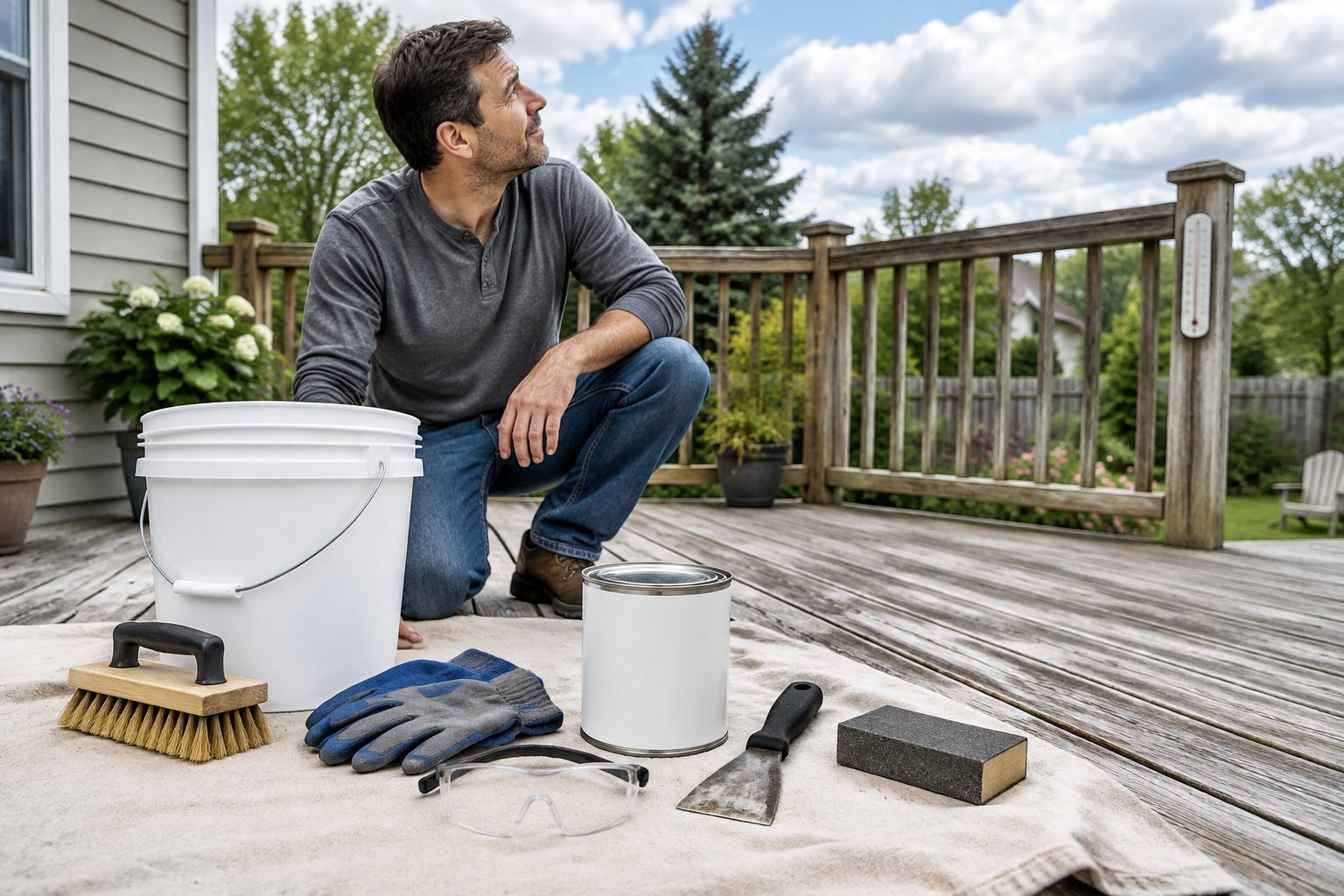 A homeowner arranges deck-restoration supplies beside a weather-worn wooden deck.