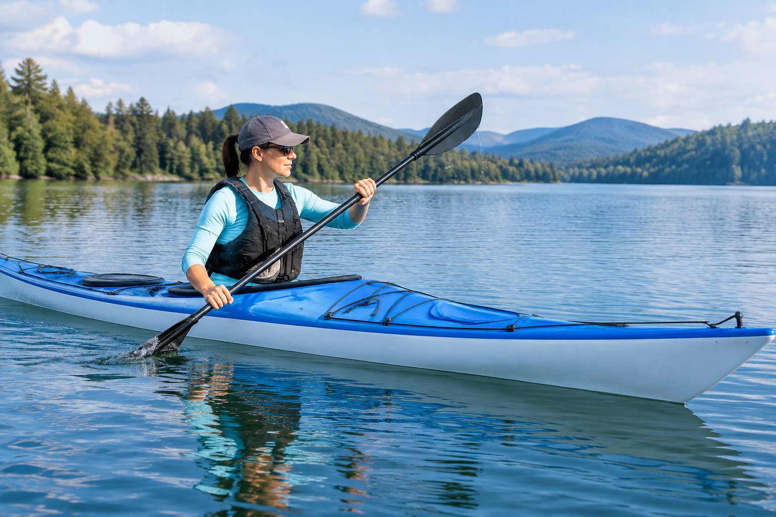 A kayaker paddles forward across a calm lake.