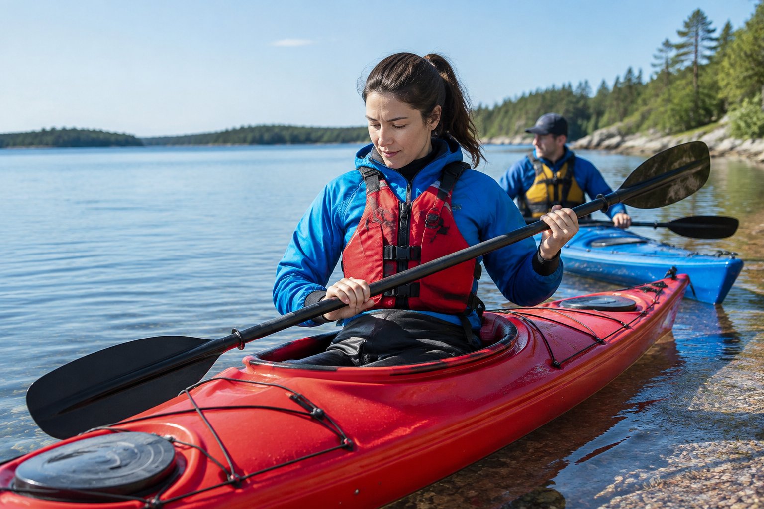 A kayaker checks a paddle and life jacket beside a kayak on calm water.