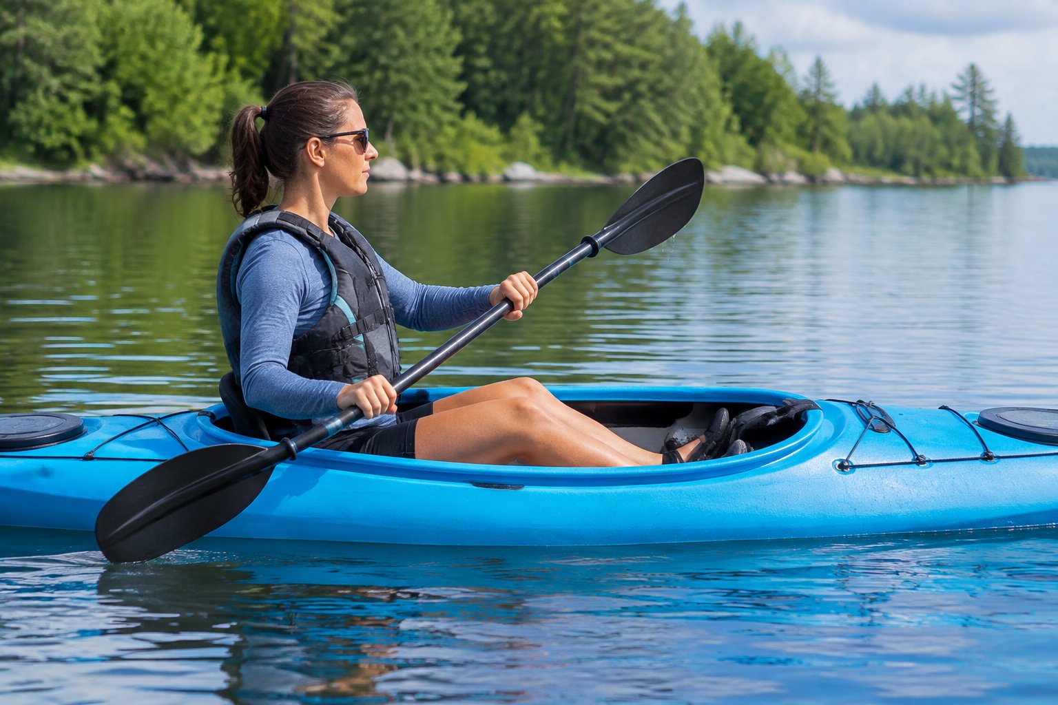 A kayaker sits upright in a touring kayak with bent legs resting against the footrests.