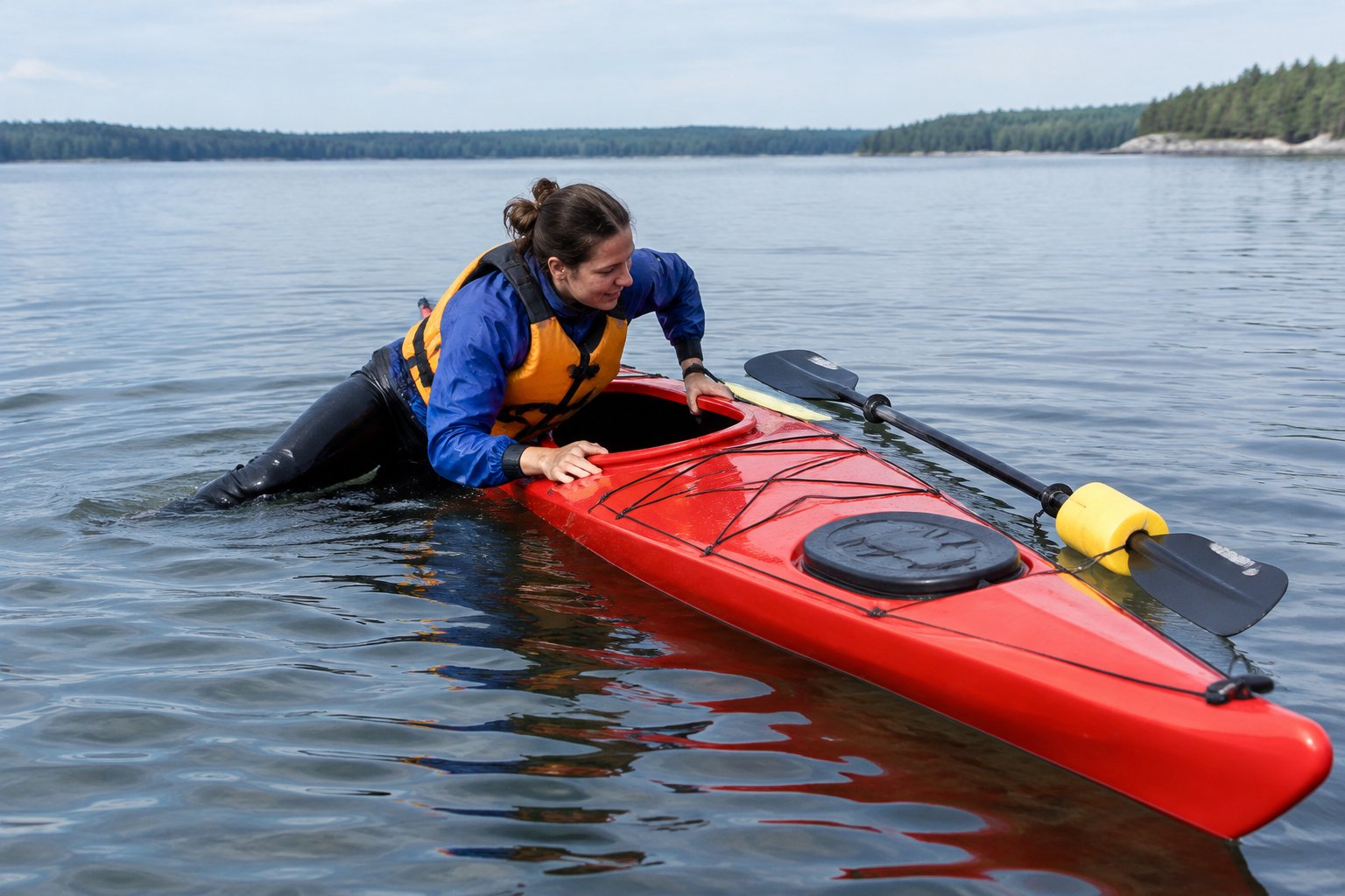 A kayaker in a life jacket climbs back into a kayak from the water.