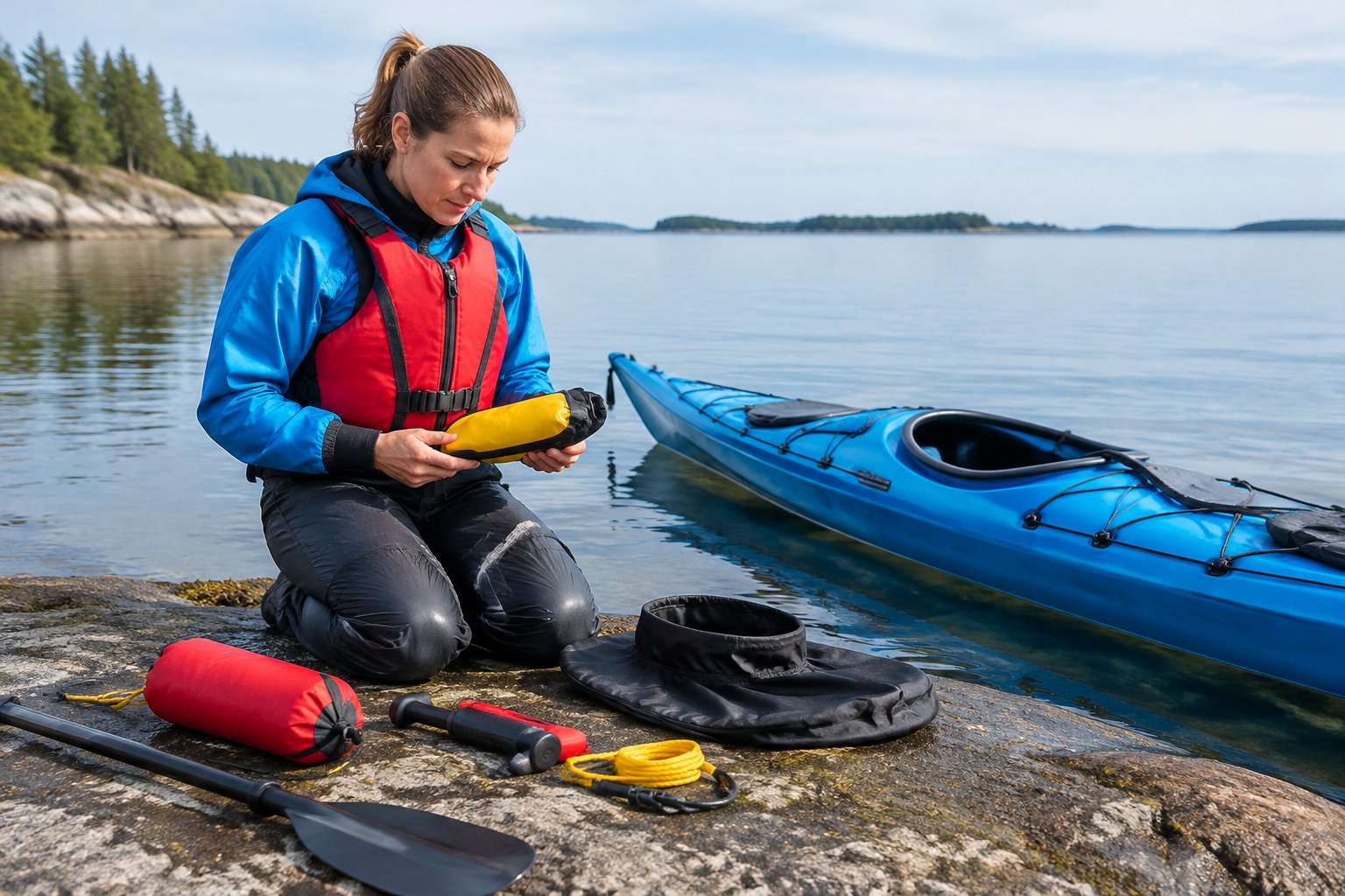 A kayaker checks rescue gear beside a touring kayak on calm water.