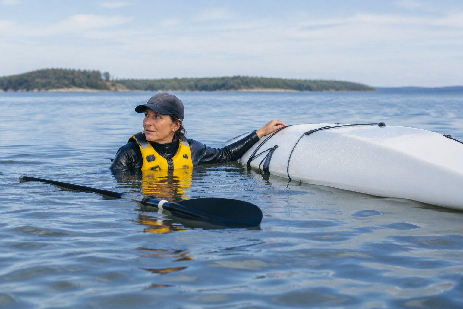 A kayaker wearing a life jacket floats beside an overturned kayak and looks around.