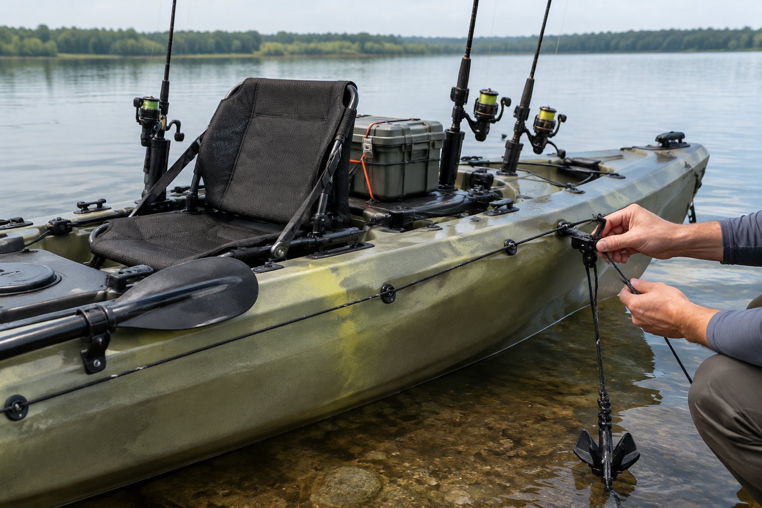A fishing kayak outfitted with rods, tackle, and an anchor trolley system beside calm water.