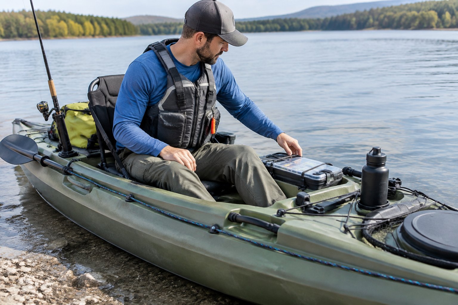 An angler checks fishing gear arranged within reach on a kayak beside the shore.