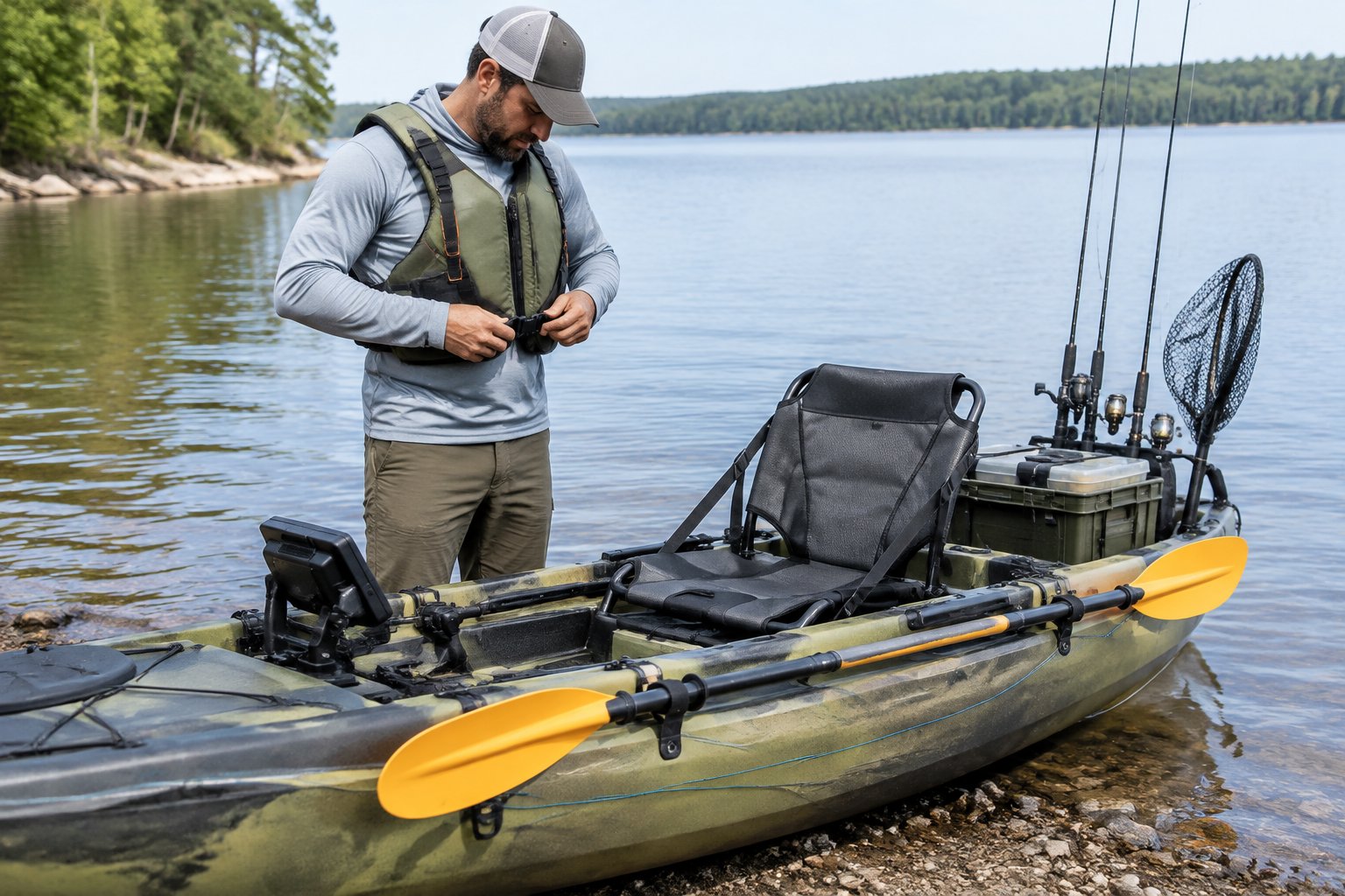 A kayaker fastens a life jacket beside a fishing kayak with its paddle secured.