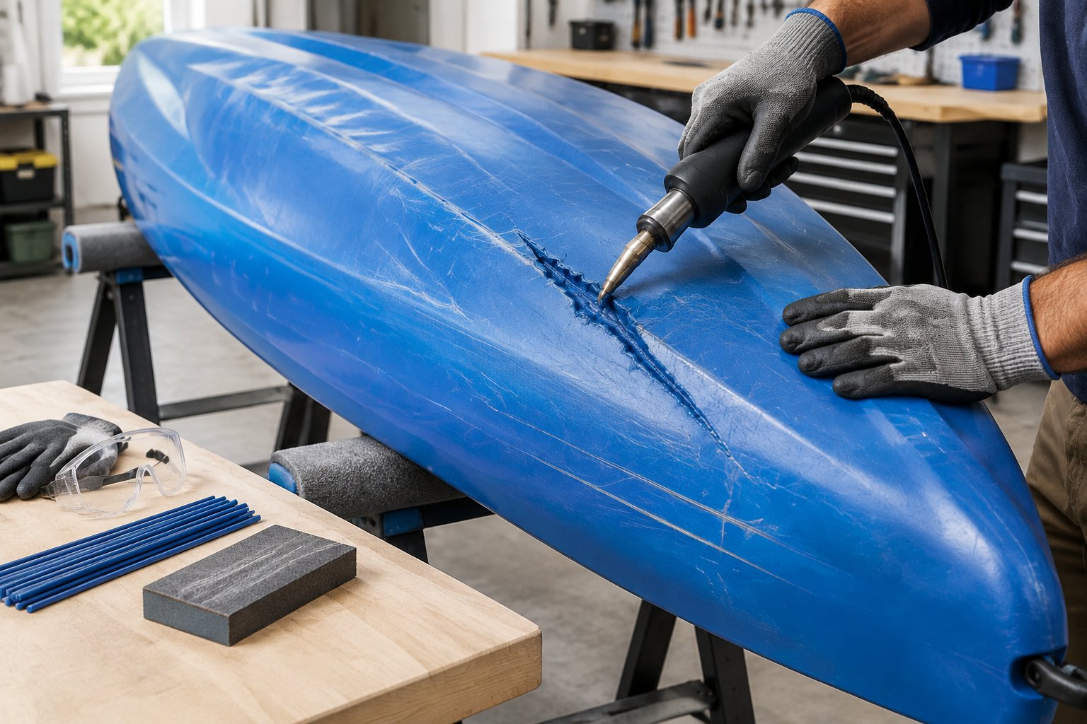A person repairs a deep gouge in the hull of an upside-down plastic kayak.