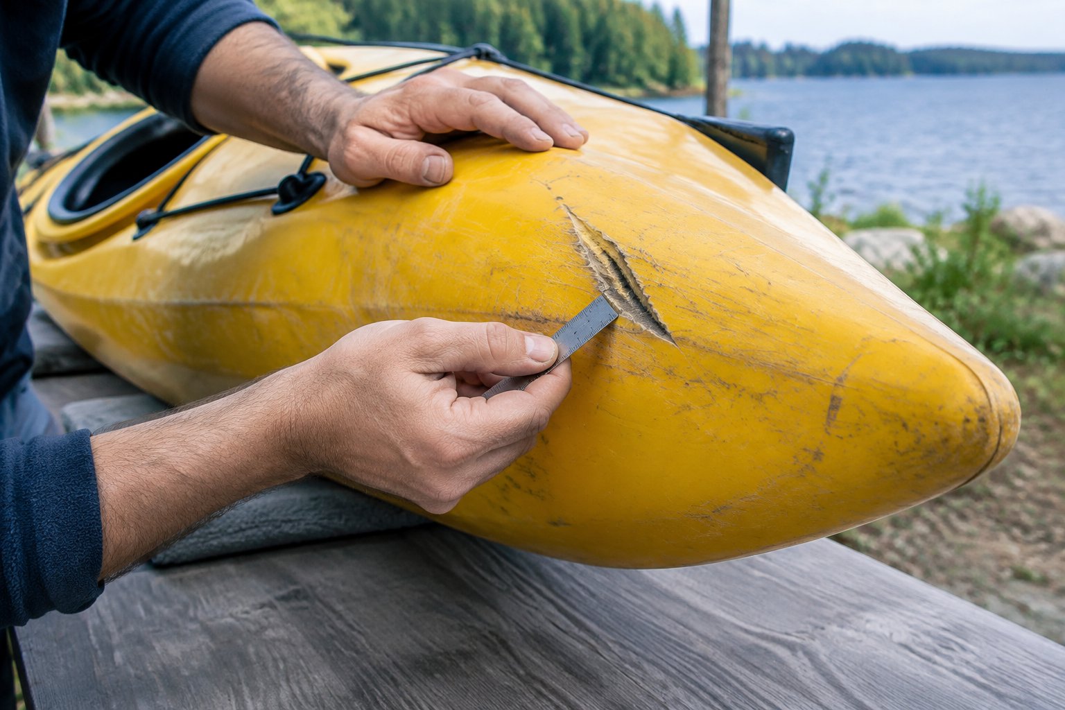 A person examines a deep gouge in the hull of a plastic kayak.