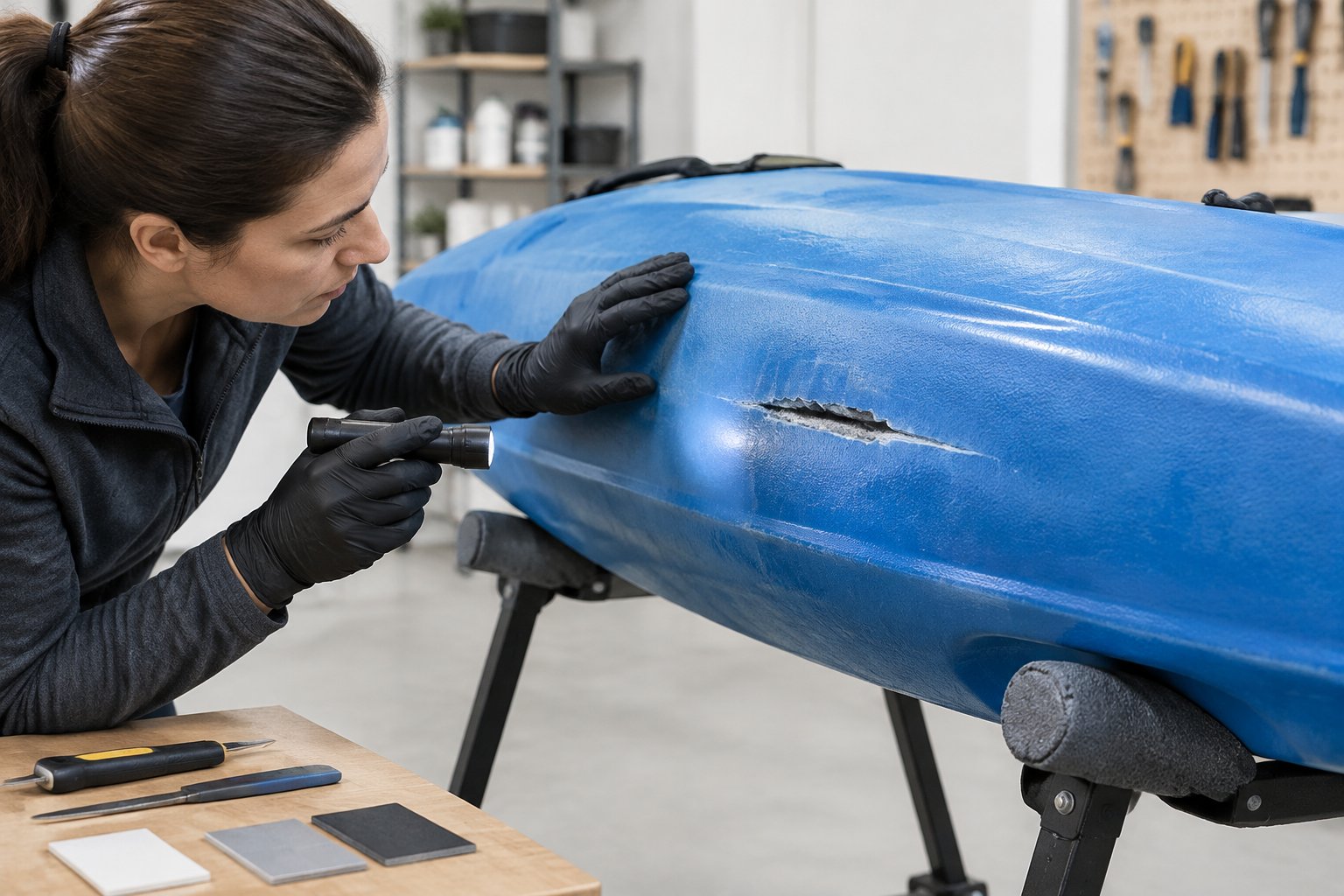 A person inspects a deep gouge on the underside of a plastic kayak.