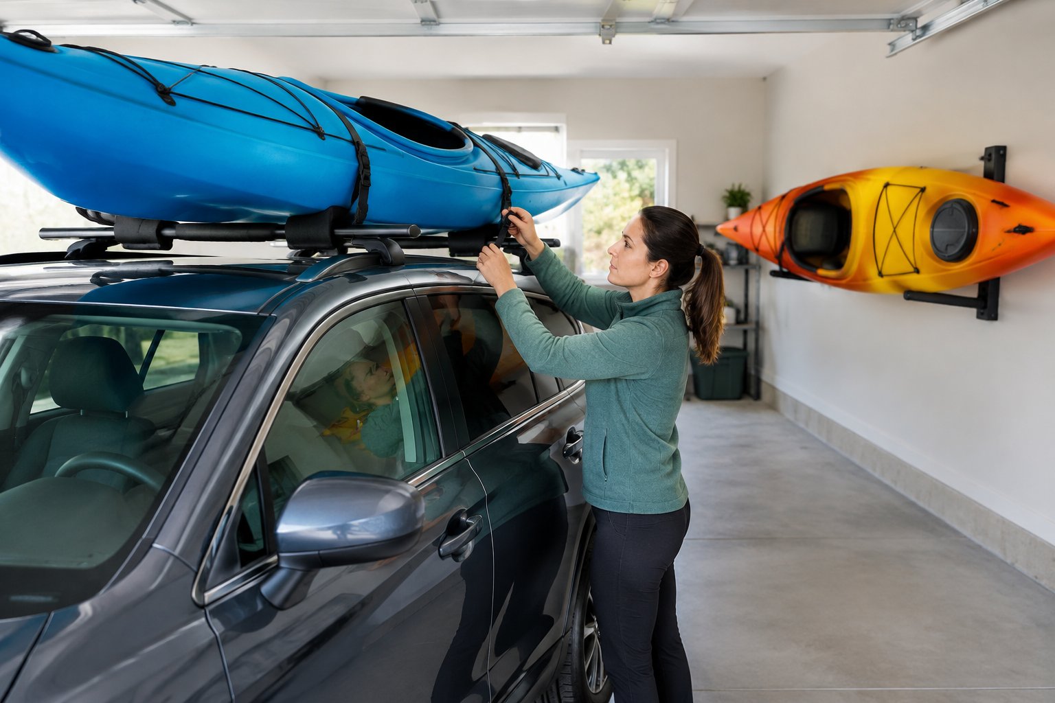 A person secures a kayak to an SUV roof rack beside another kayak stored on garage wall brackets.