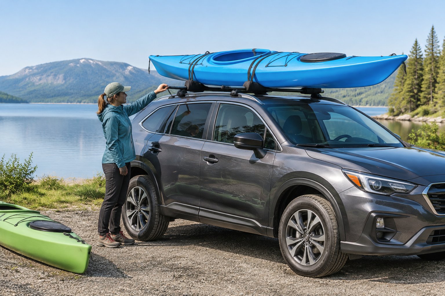 A person checks a kayak secured to the roof rack of an SUV beside a lake.