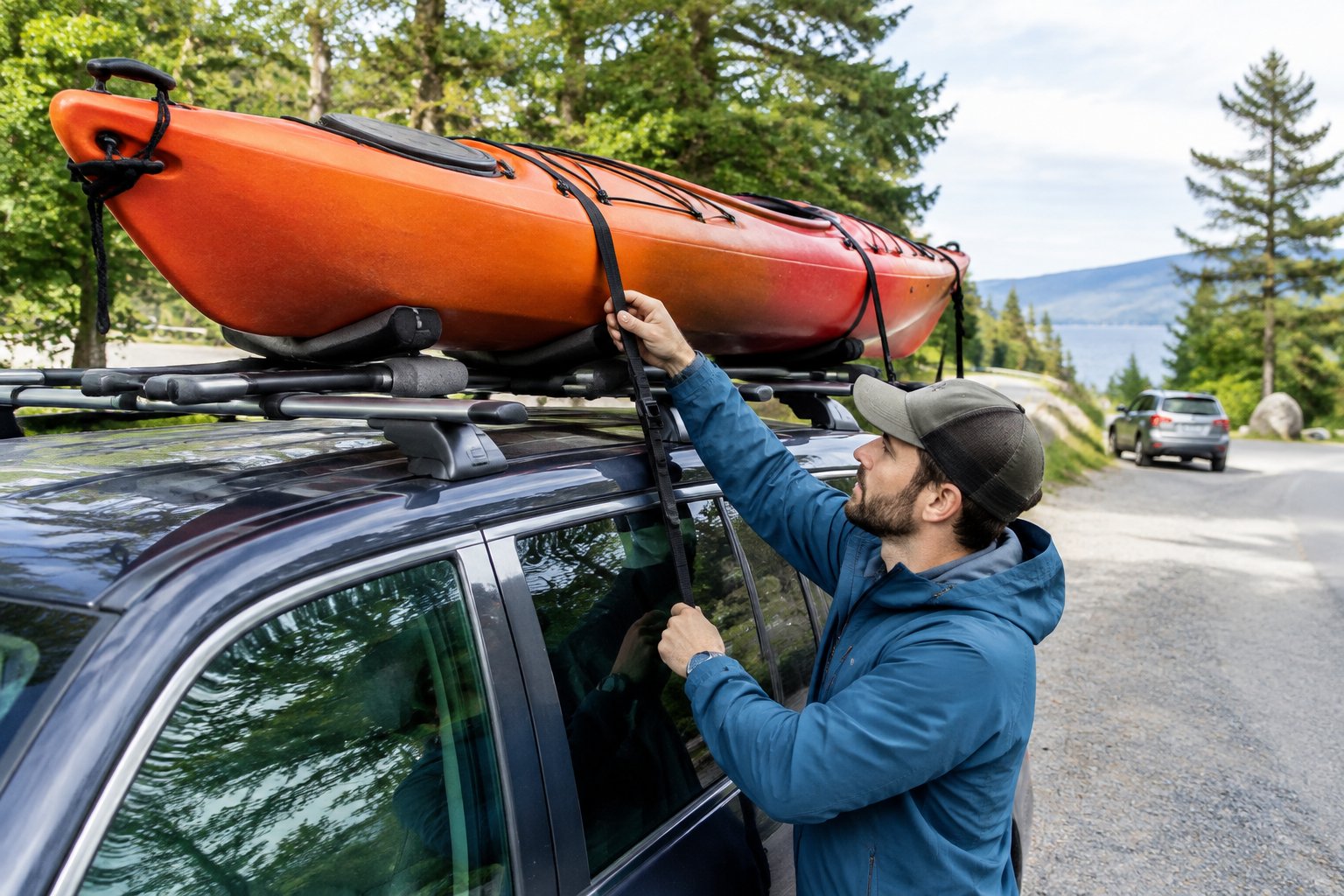 A person checks the straps securing a kayak to an SUV roof rack at a roadside stop.