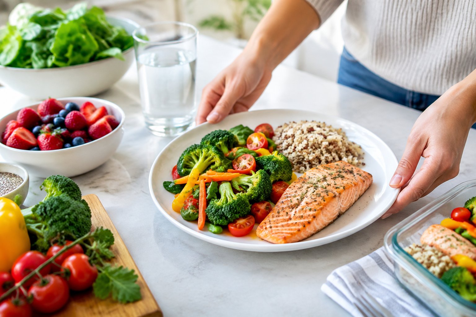 A balanced meal with vegetables, lean protein, whole grains, and berries arranged on a kitchen table.