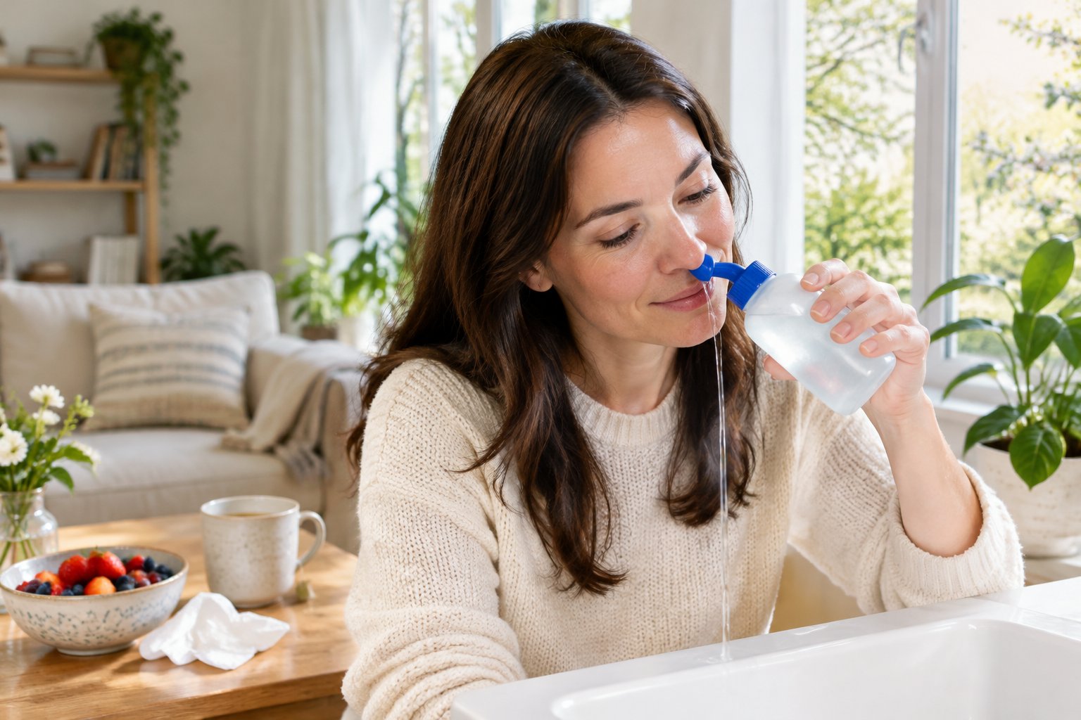 An adult relaxing at home with tea and a saline rinse bottle near an open window.