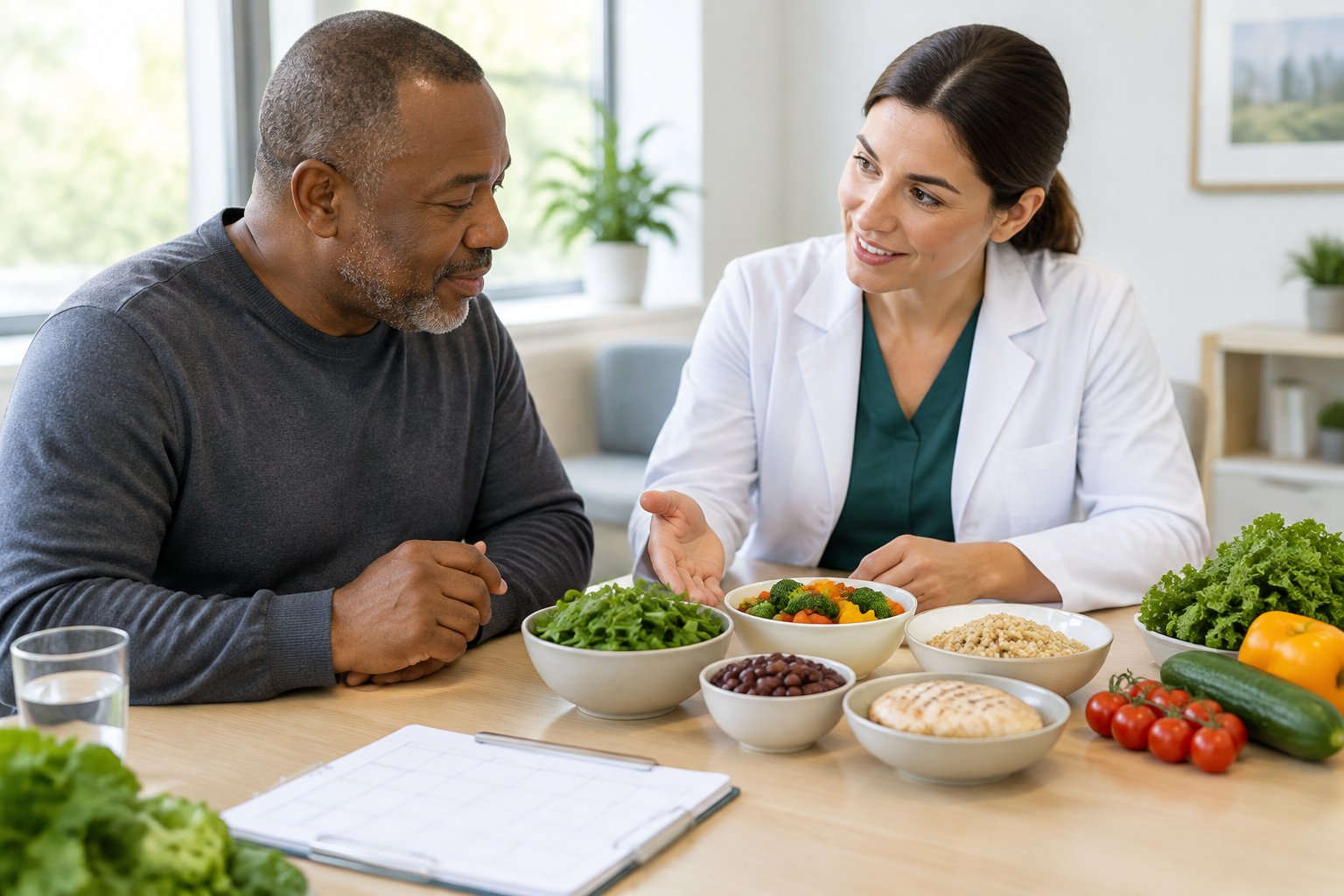 A patient and dietitian discuss a balanced meal together at a table.