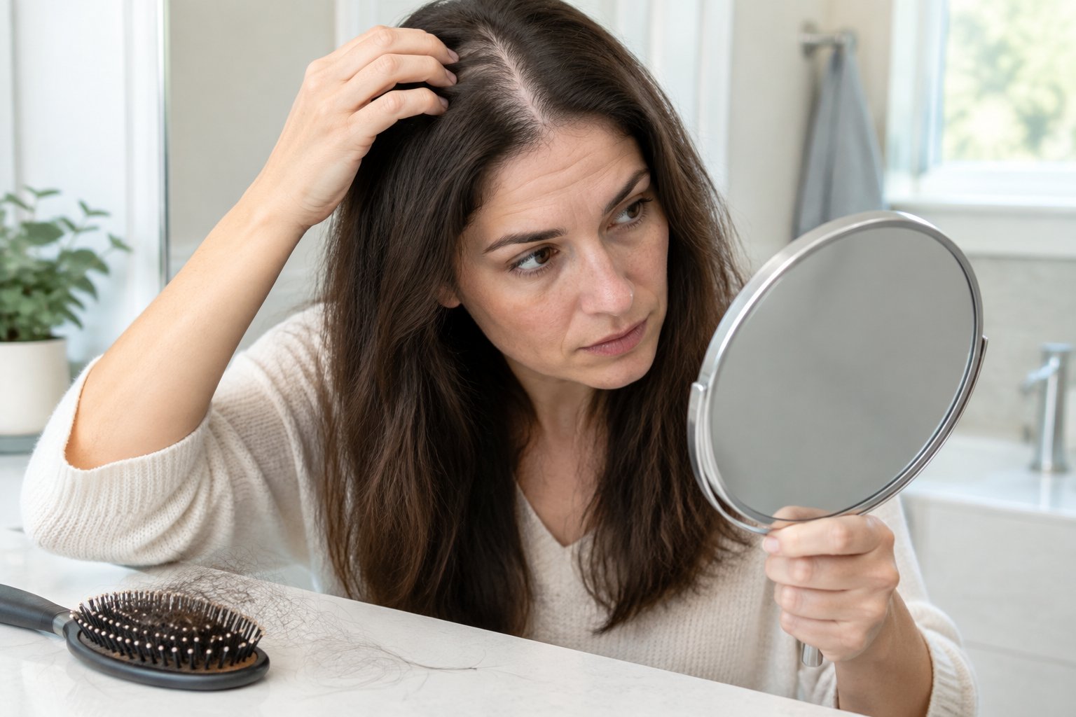 An adult examines their scalp in a mirror beside a hairbrush with loose strands.