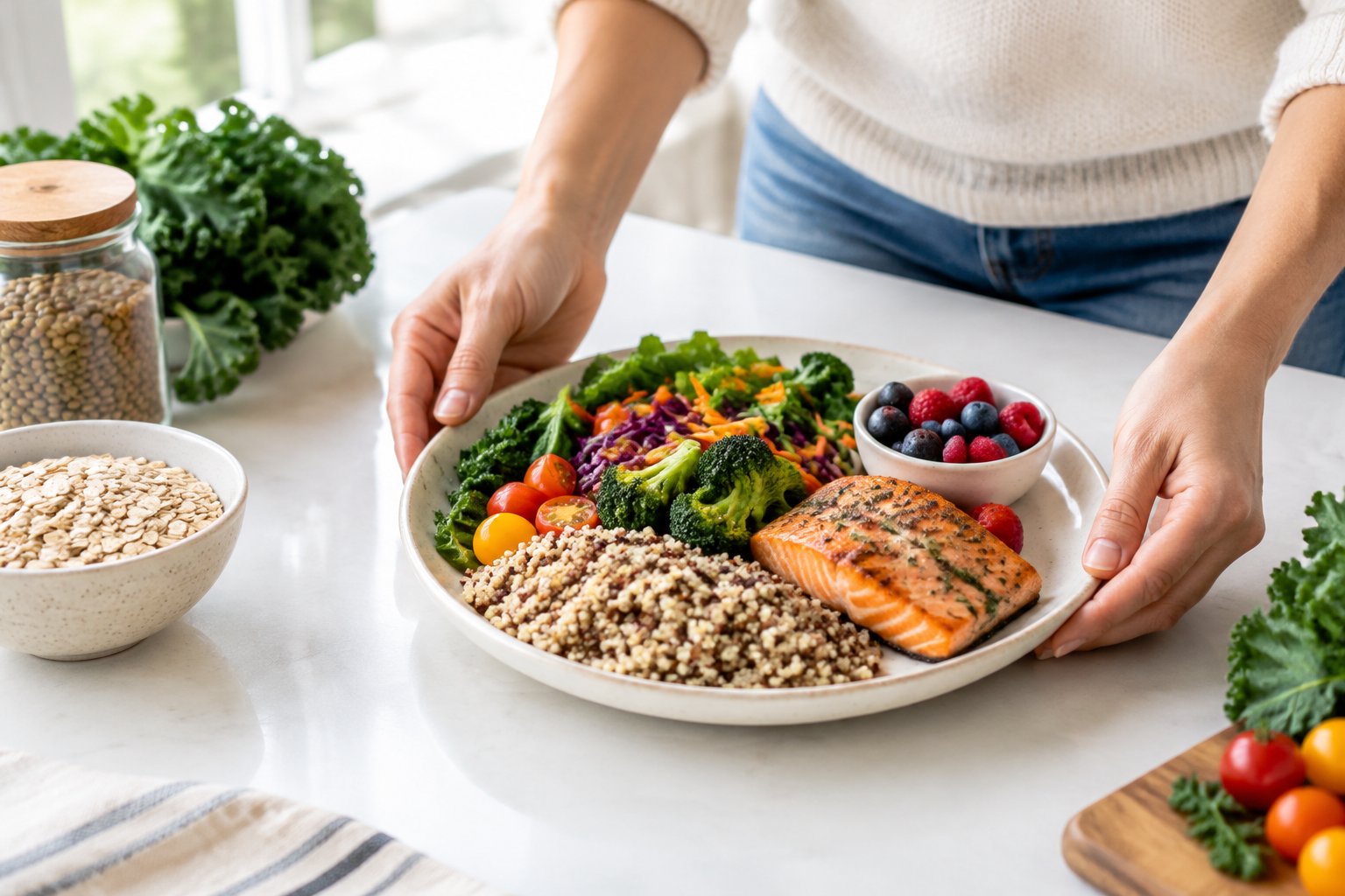 A balanced meal of whole grains, vegetables, lean protein, and berries on a kitchen table.