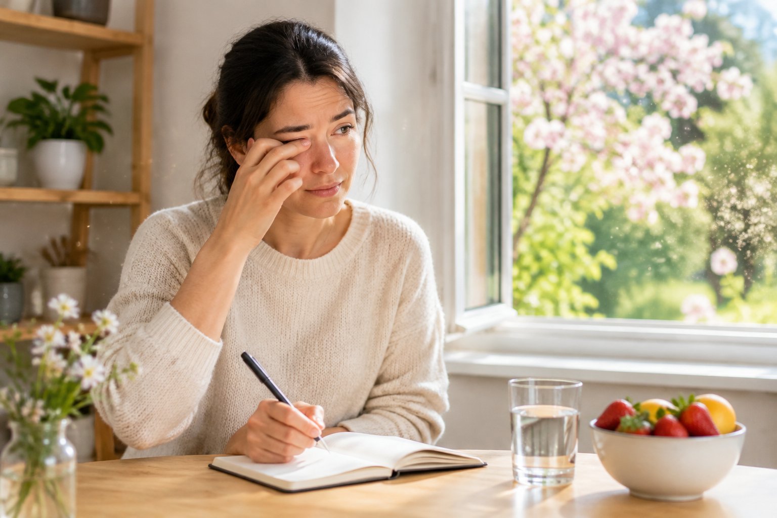 An adult notes allergy symptoms at a kitchen table beside an open window overlooking blooming trees.