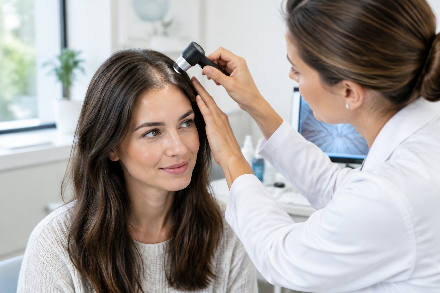 A dermatologist examines a woman’s scalp during a consultation.